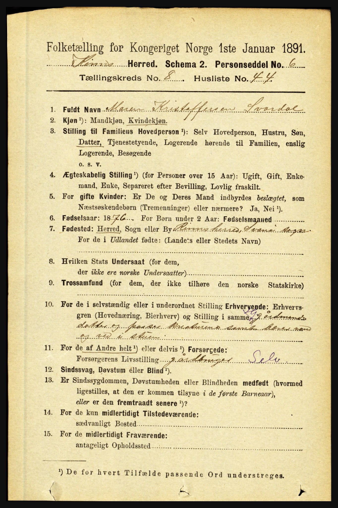 RA, 1891 census for 1437 Kinn, 1891, p. 3384