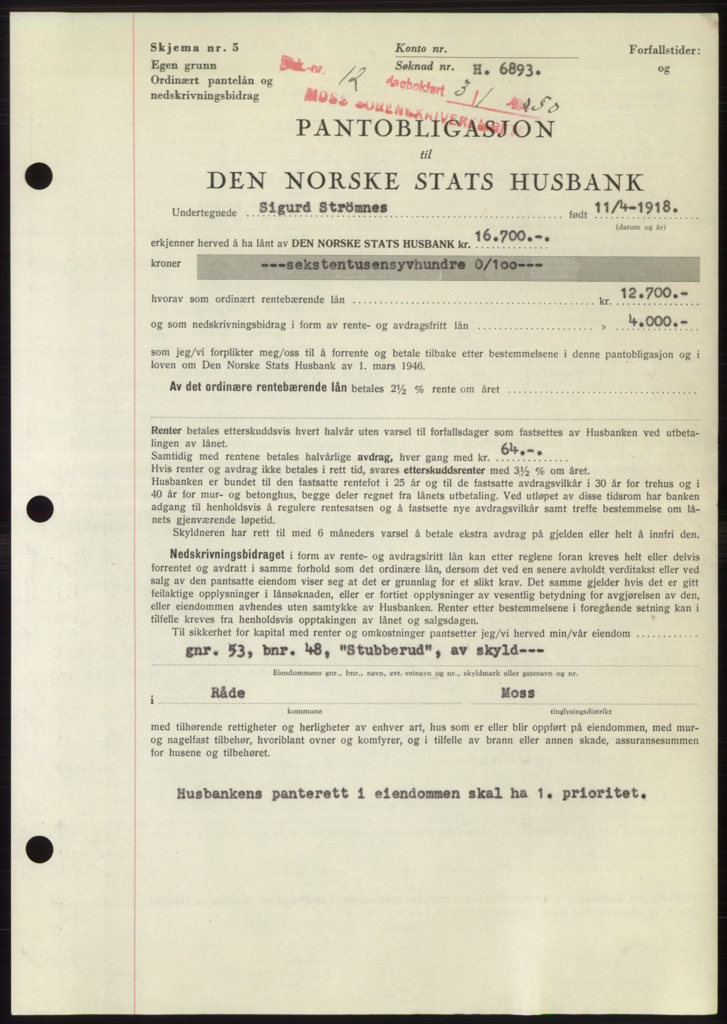 Moss sorenskriveri, SAO/A-10168: Mortgage book no. B23, 1949-1950, Diary no: : 12/1950