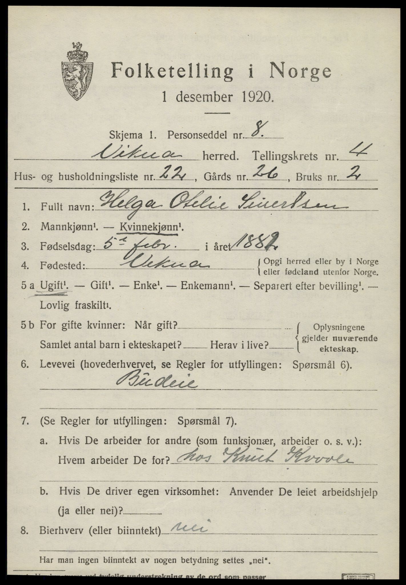 SAT, 1920 census for Vikna, 1920, p. 4399