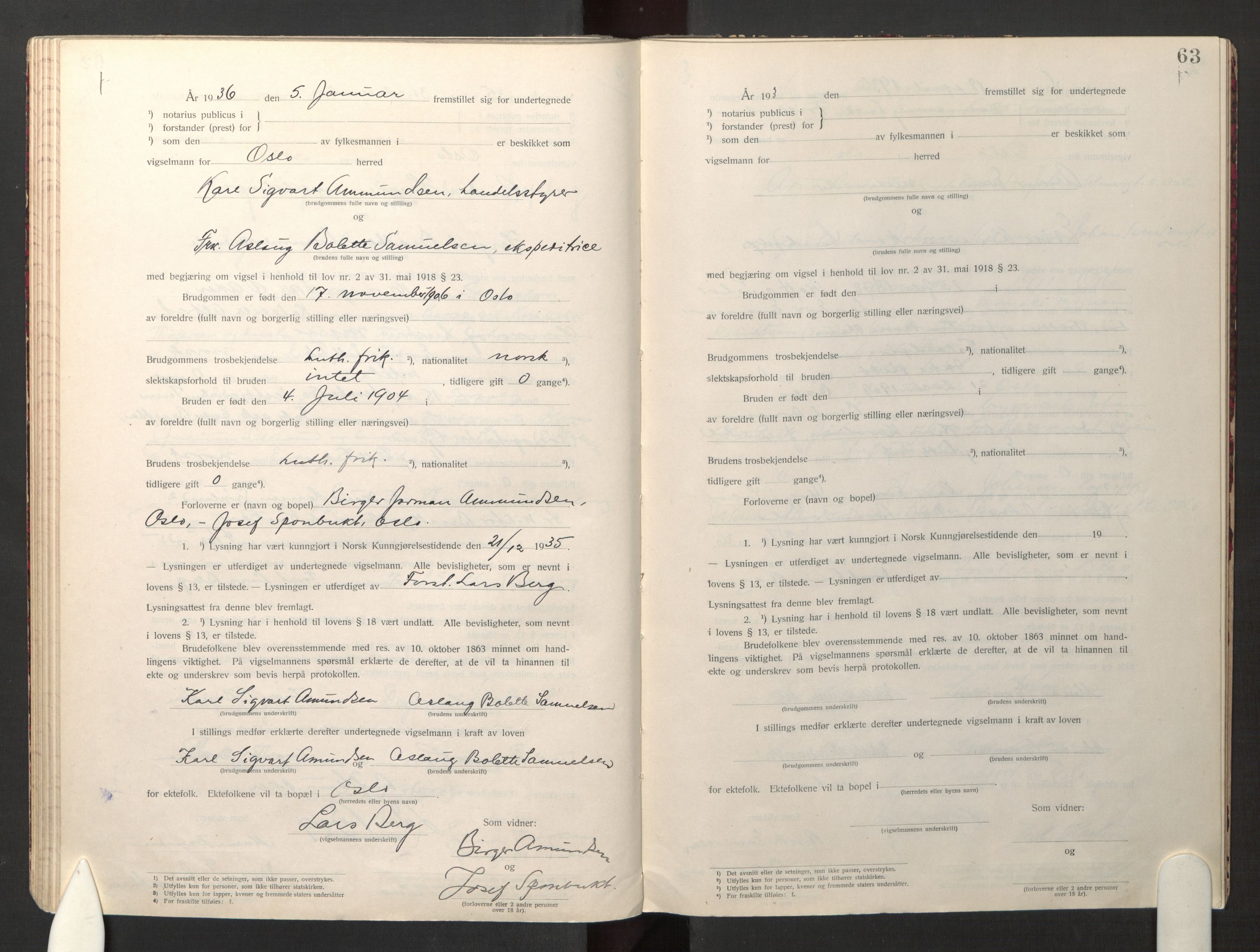 Den evangelisk-lutherske frikirke østre menighet, Oslo, SAO/PAO-0245/F/L0005: Marriage register (dissenter) no. 5, 1920-1941, p. 63