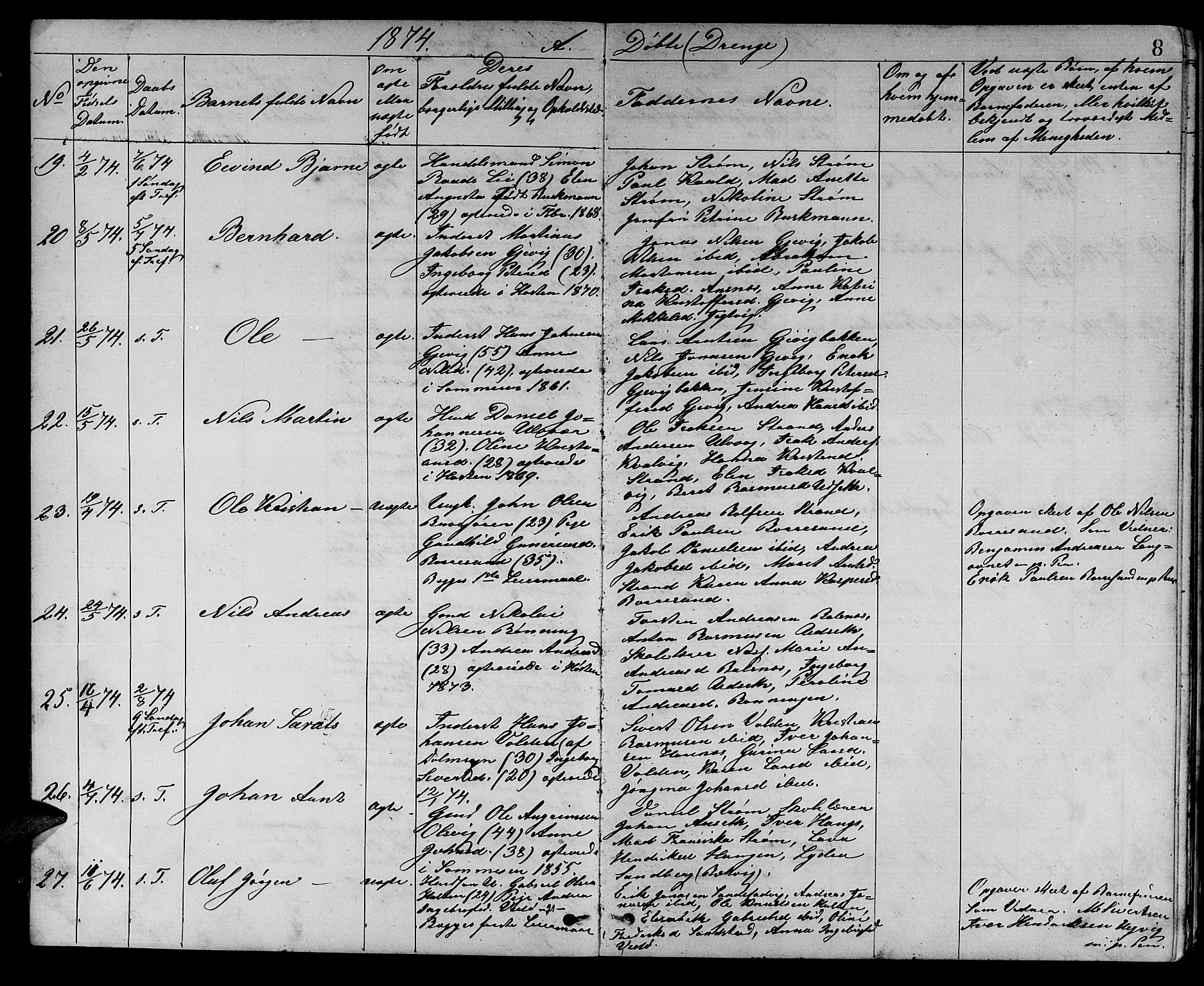 Ministerialprotokoller, klokkerbøker og fødselsregistre - Sør-Trøndelag, AV/SAT-A-1456/637/L0561: Parish register (copy) no. 637C02, 1873-1882, p. 8