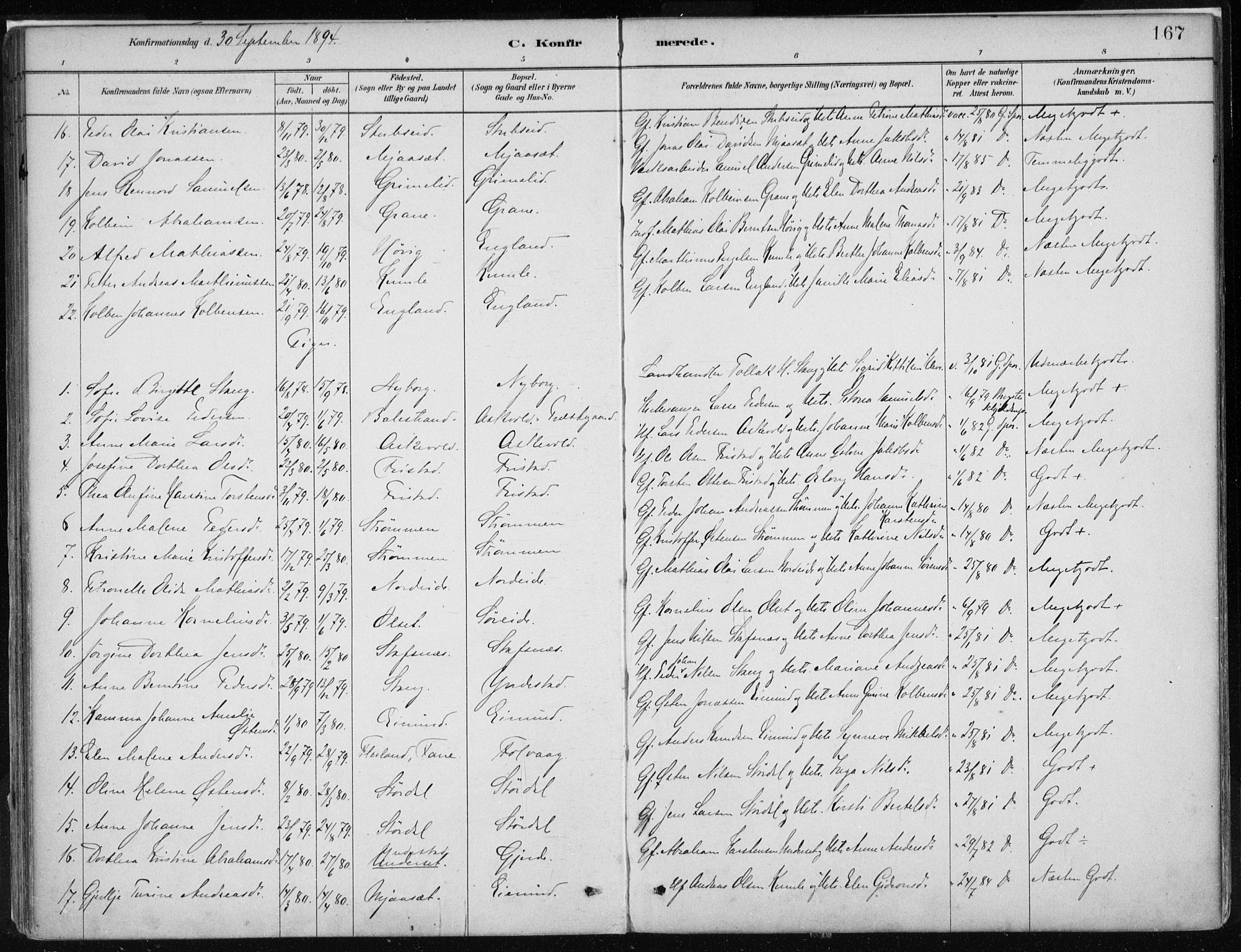 Askvoll sokneprestembete, AV/SAB-A-79501/H/Haa/Haab/L0002: Parish register (official) no. B 2, 1879-1909, p. 167