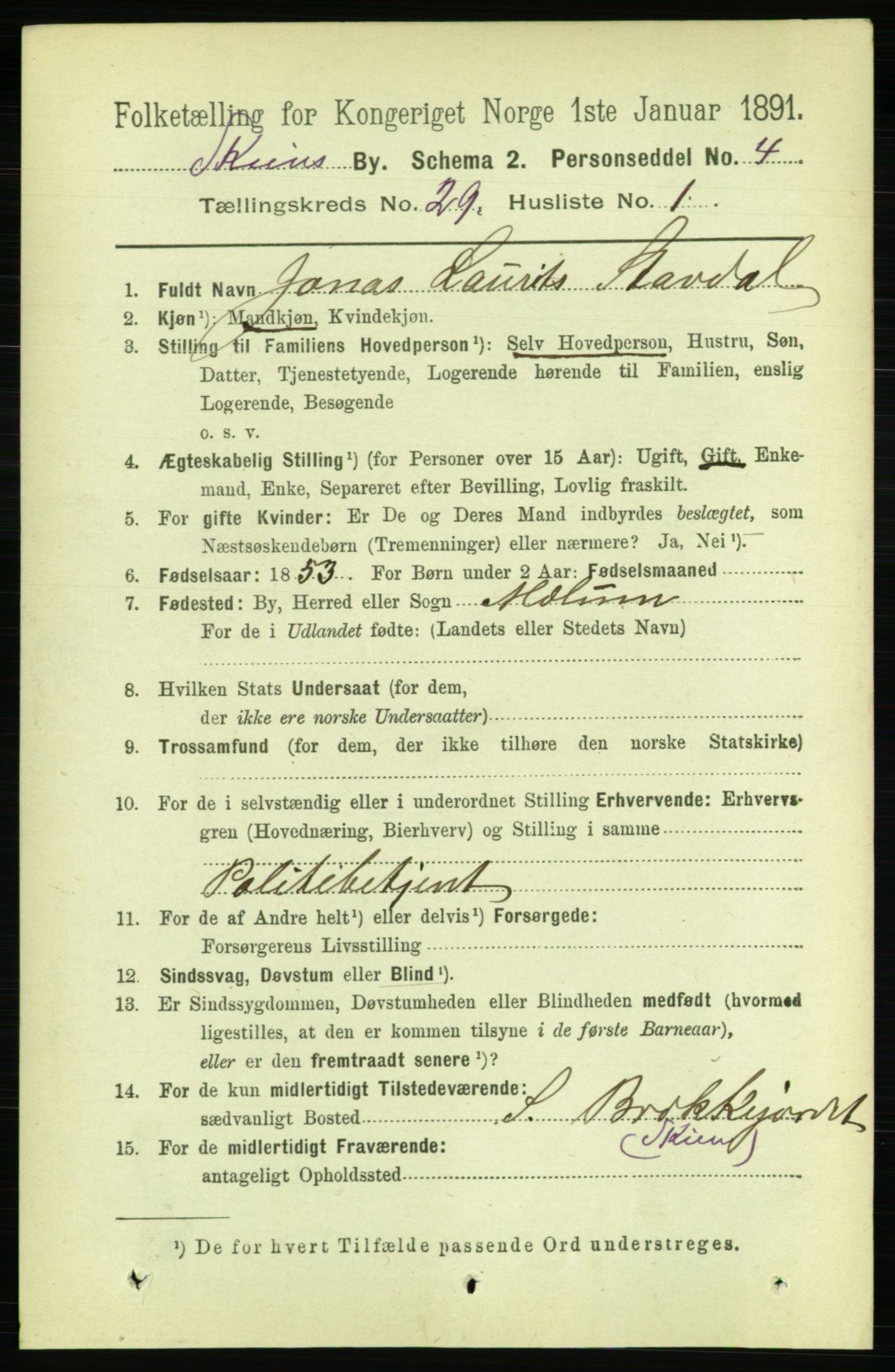 RA, 1891 census for 0806 Skien, 1891, p. 6696