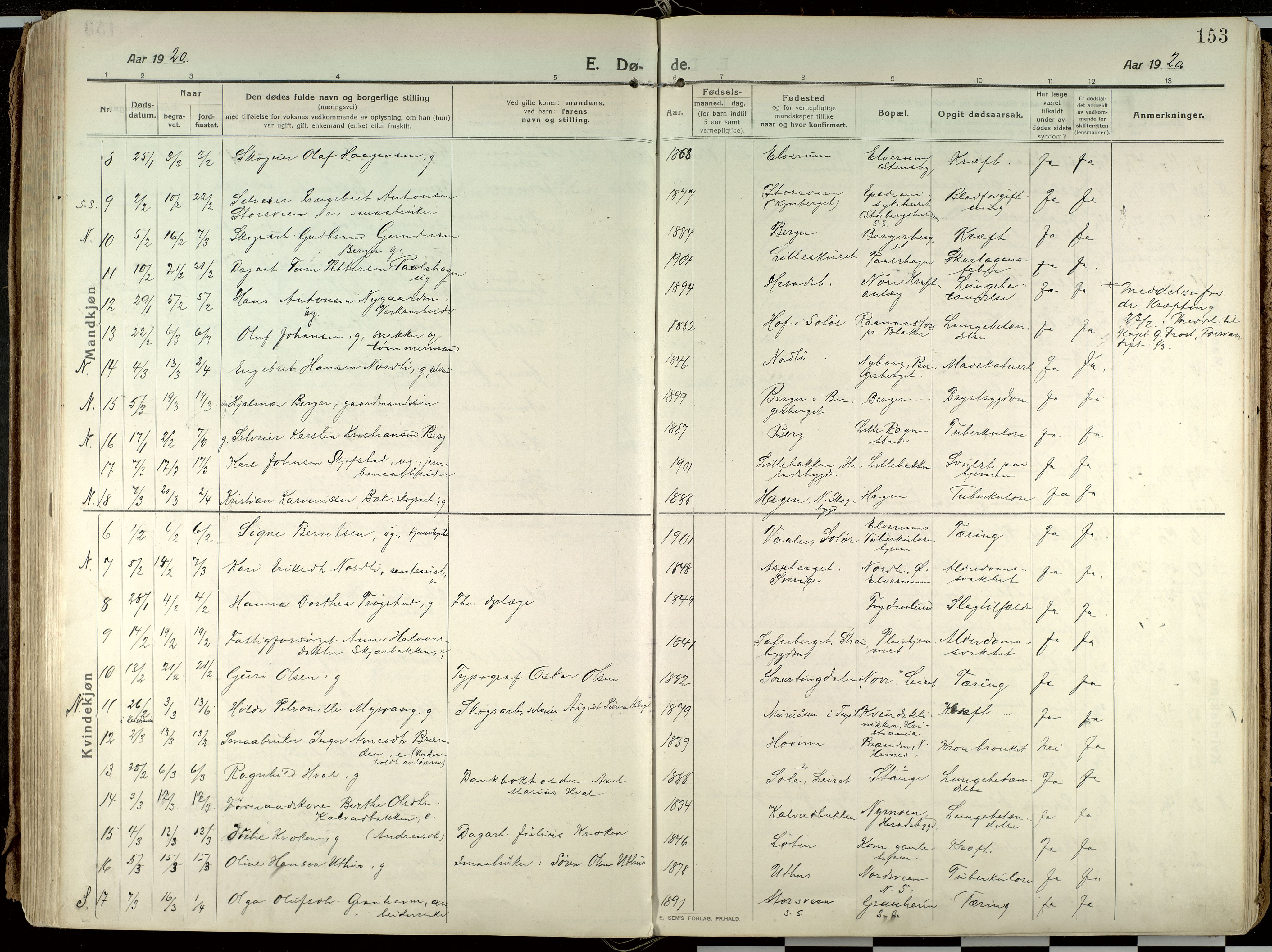 Elverum prestekontor, AV/SAH-PREST-044/H/Ha/Haa/L0021: Parish register (official) no. 21, 1913-1928, p. 153