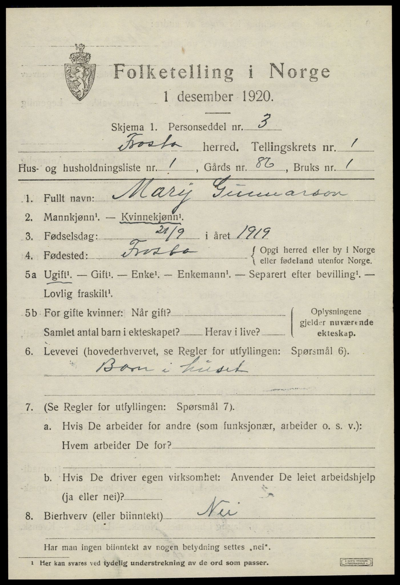 SAT, 1920 census for Frosta, 1920, p. 1022