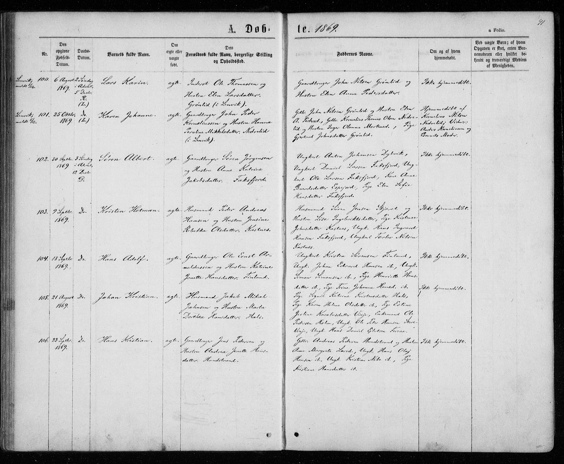 Tranøy sokneprestkontor, AV/SATØ-S-1313/I/Ia/Iaa/L0008kirke: Parish register (official) no. 8, 1867-1877, p. 41