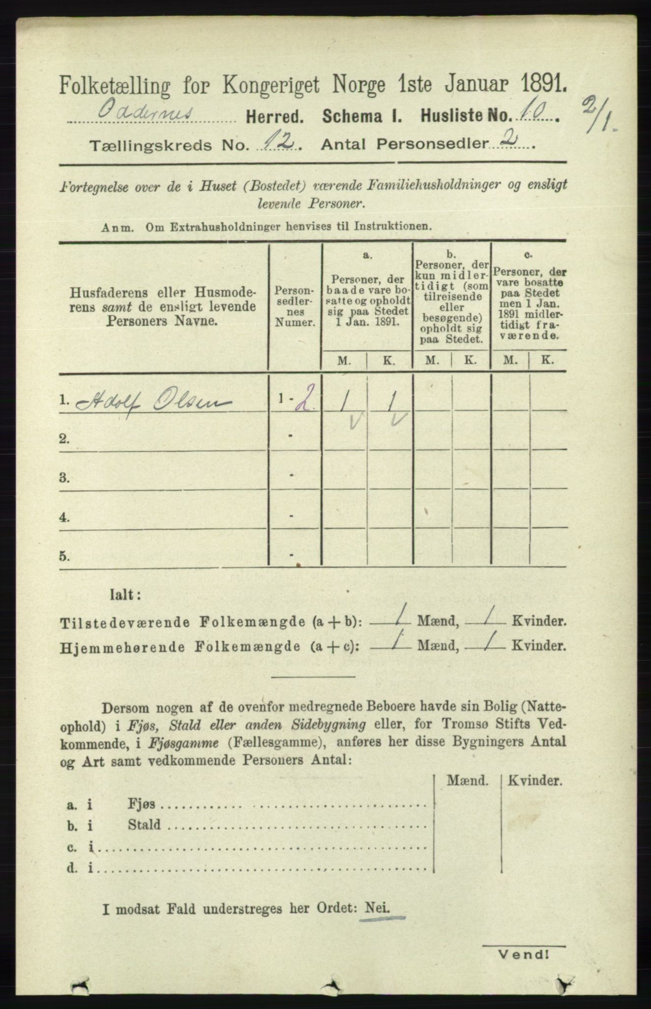 RA, 1891 census for 1012 Oddernes, 1891, p. 4320