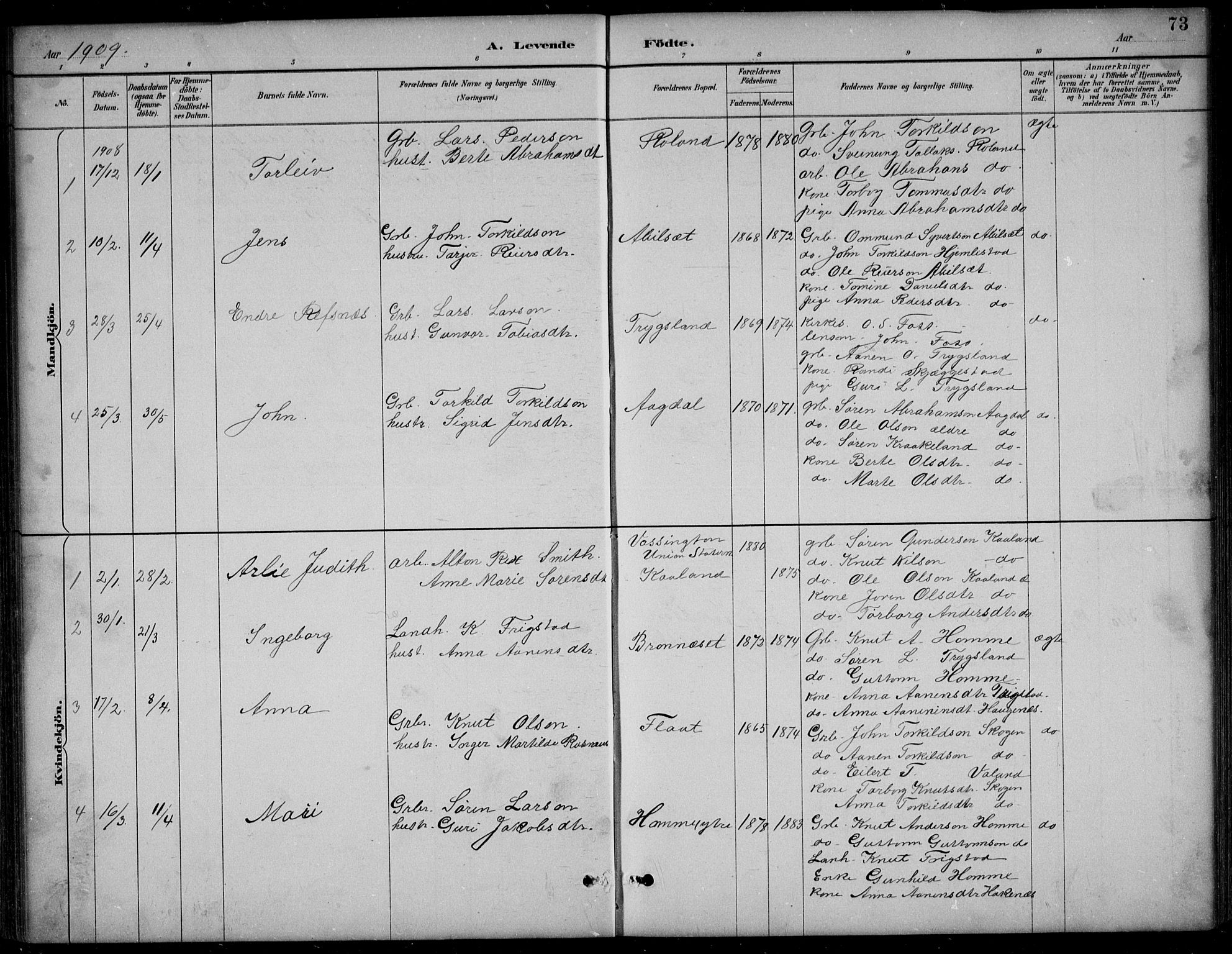 Bjelland sokneprestkontor, SAK/1111-0005/F/Fb/Fba/L0005: Parish register (copy) no. B 5, 1887-1923, p. 73