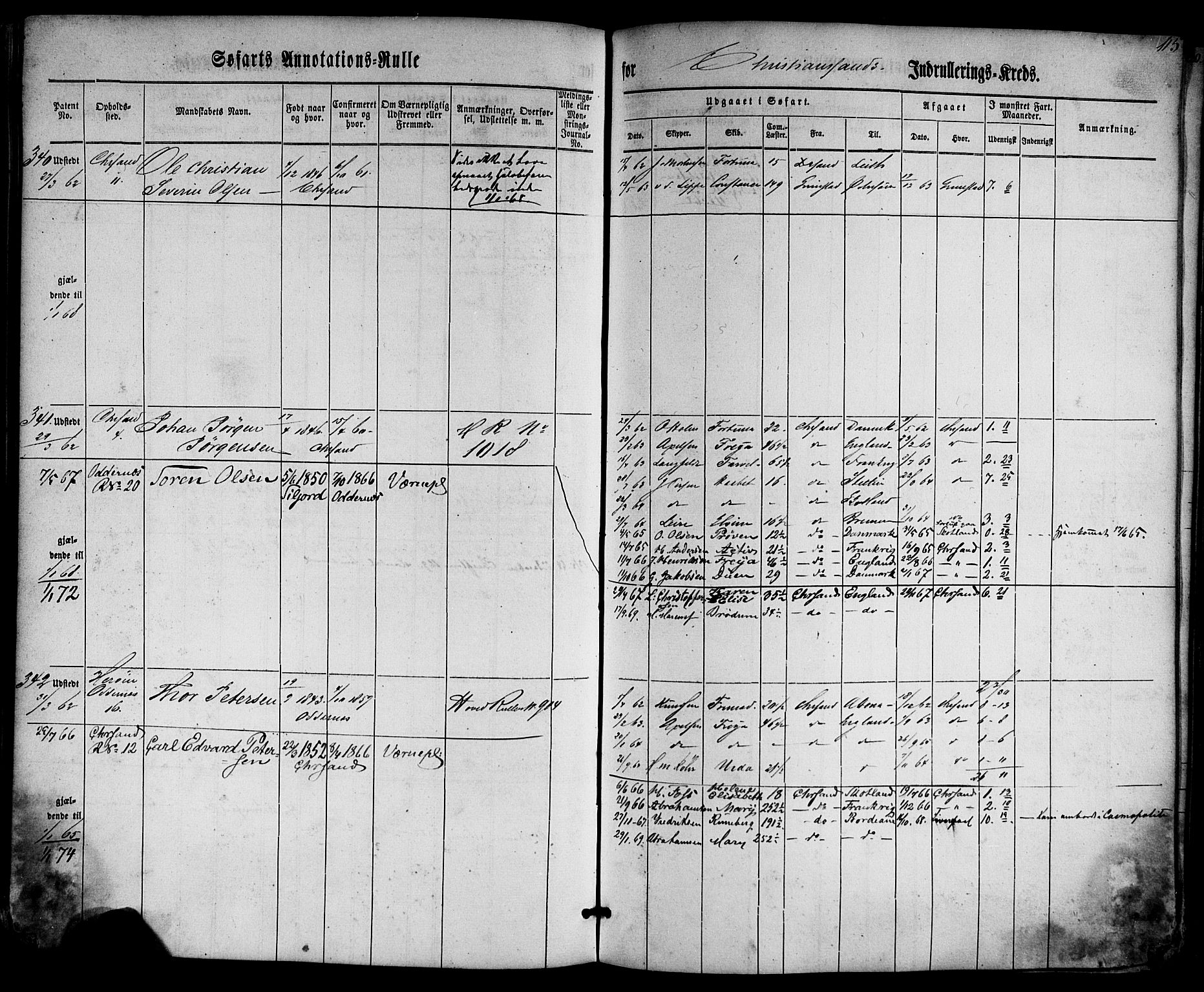 Kristiansand mønstringskrets, SAK/2031-0015/F/Fa/L0004: Annotasjonsrulle nr 1-507b med register, I-2, 1860-1865, p. 134