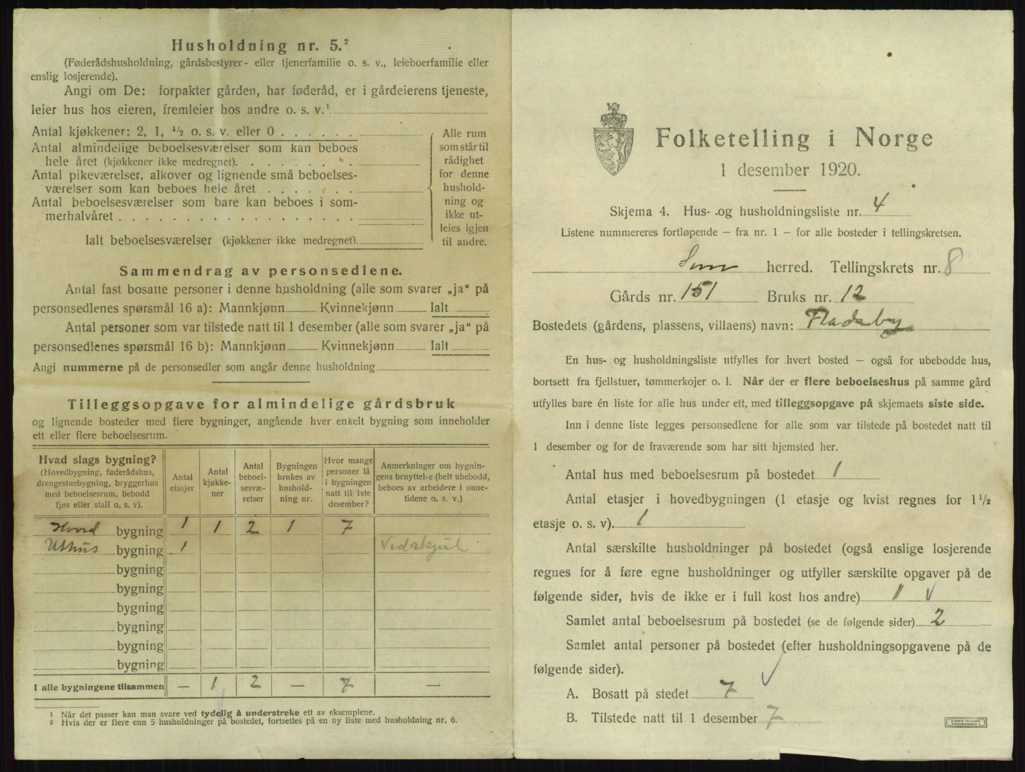 SAKO, 1920 census for Sem, 1920, p. 1657