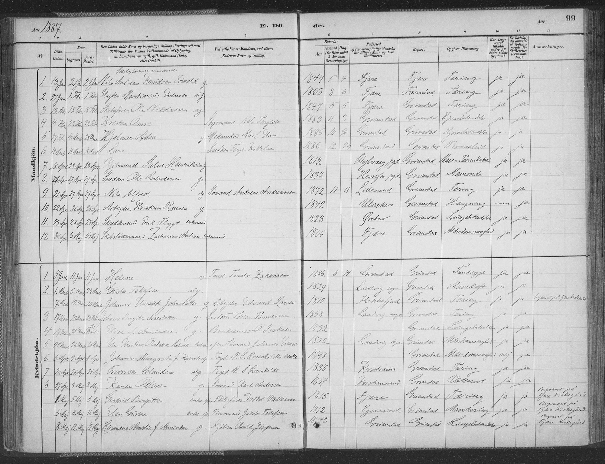 Grimstad sokneprestkontor, SAK/1111-0017/F/Fa/L0004: Parish register (official) no. A 3, 1882-1910, p. 99
