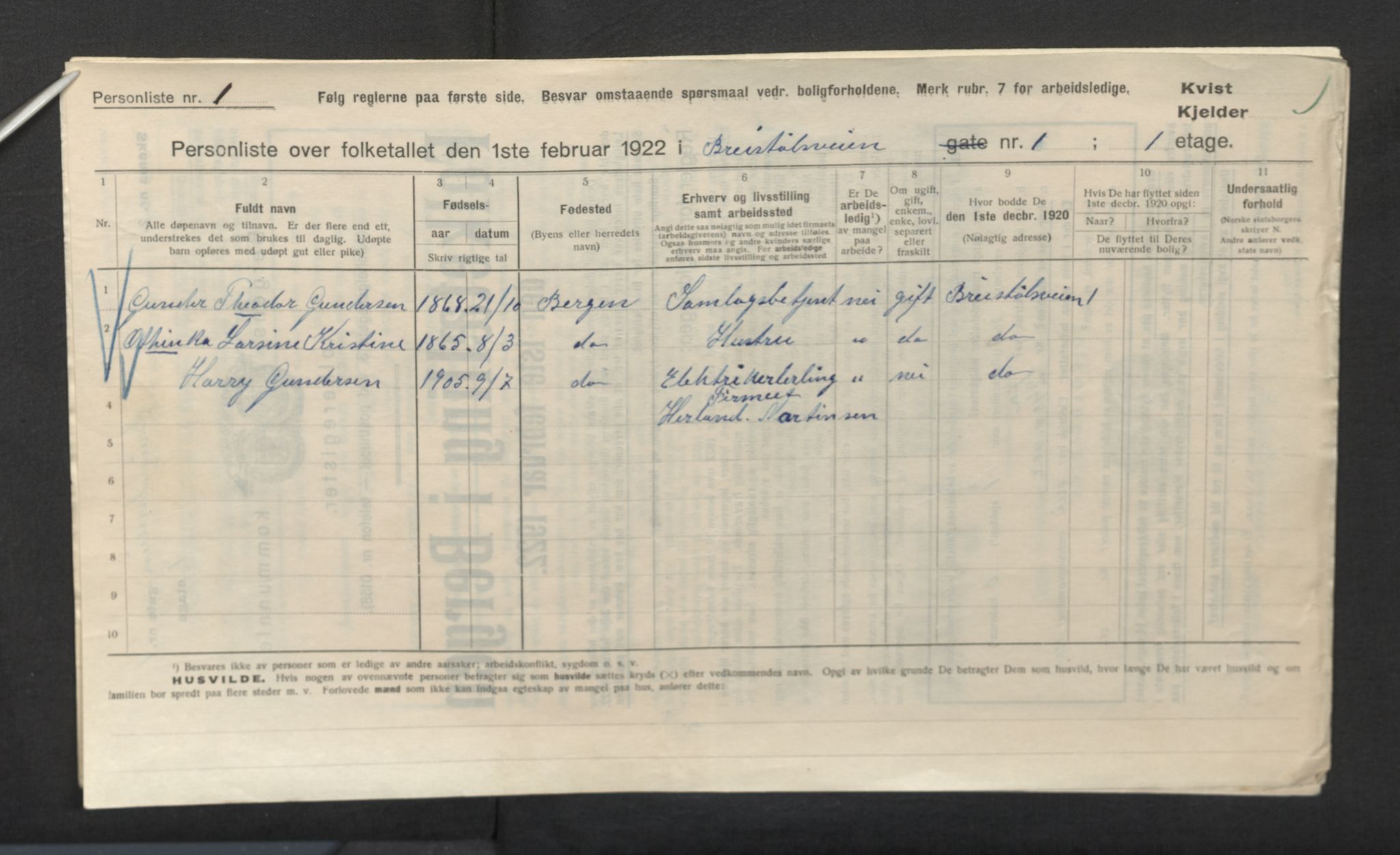 SAB, Municipal Census 1922 for Bergen, 1922, p. 4046