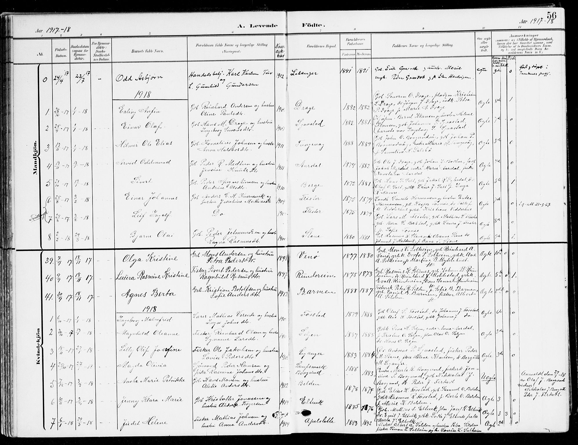 Selje sokneprestembete, AV/SAB-A-99938/H/Ha/Haa/Haab: Parish register (official) no. B 3, 1908-1923, p. 56