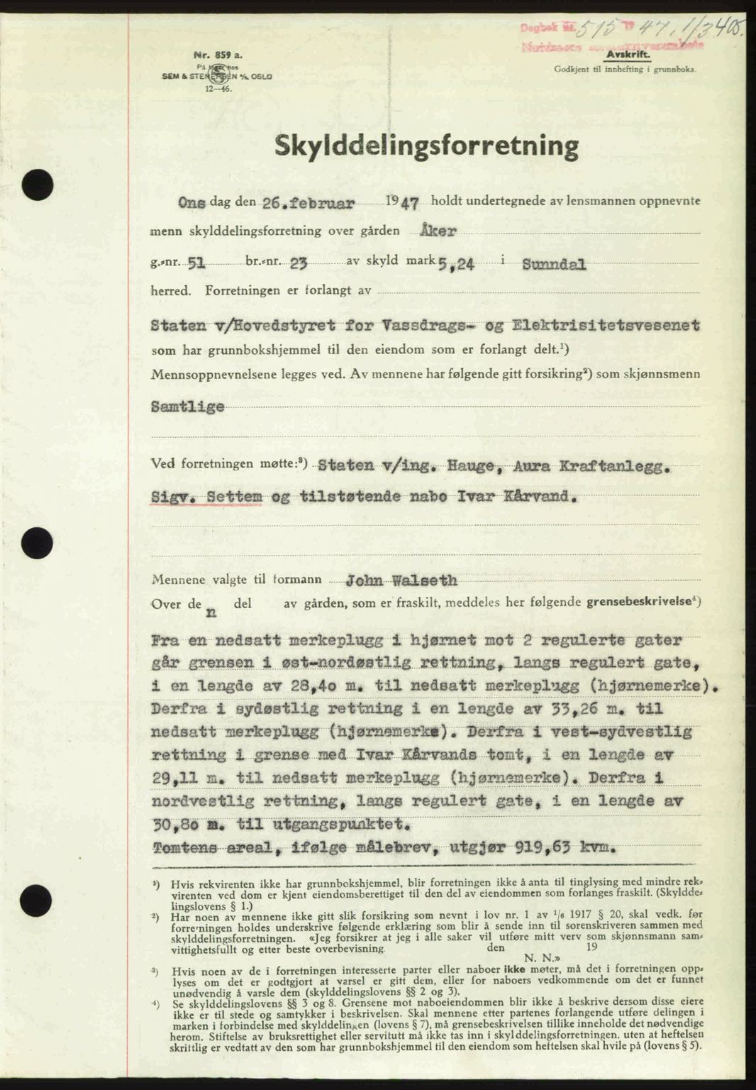 Nordmøre sorenskriveri, AV/SAT-A-4132/1/2/2Ca: Mortgage book no. A104, 1947-1947, Diary no: : 515/1947