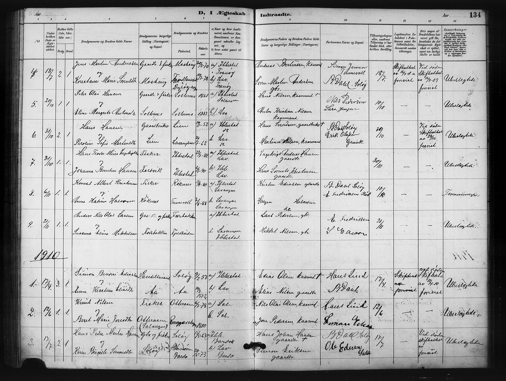 Salangen sokneprestembete, AV/SATØ-S-1324/H/Hb/L0001klokker: Parish register (copy) no. 1, 1893-1910, p. 134