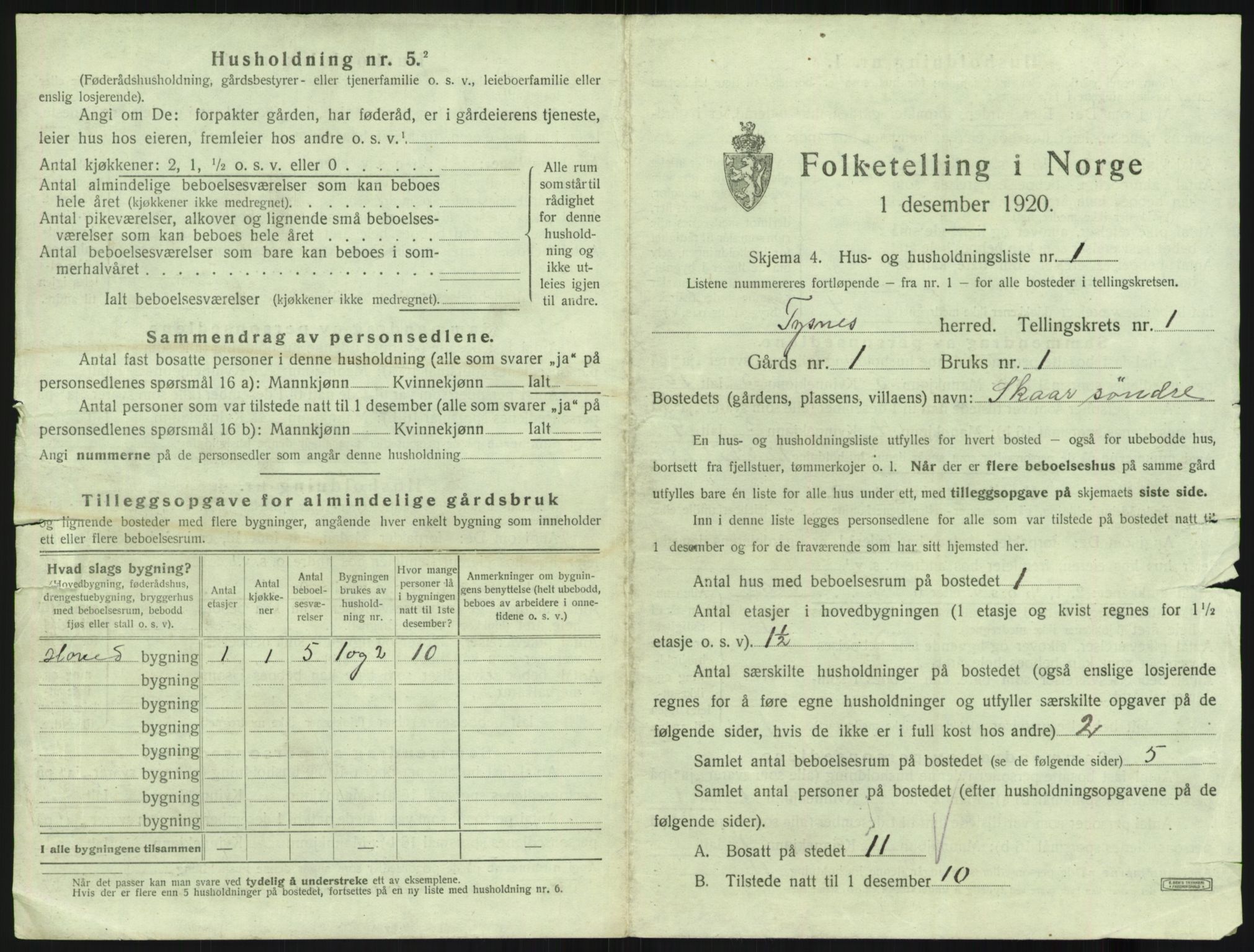 SAB, 1920 census for Tysnes, 1920, p. 58