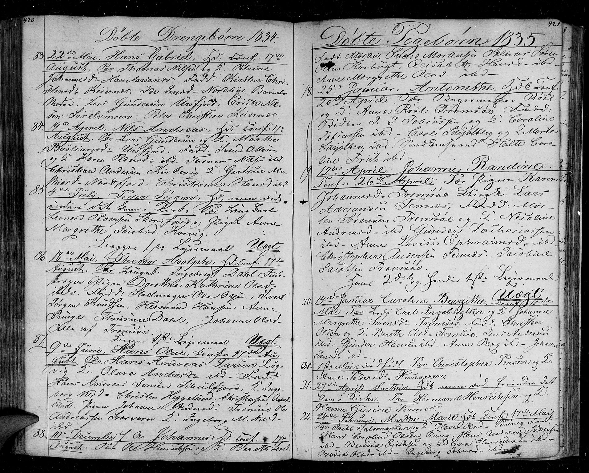 Tromsø sokneprestkontor/stiftsprosti/domprosti, SATØ/S-1343/G/Ga/L0008kirke: Parish register (official) no. 8, 1829-1837, p. 420-421