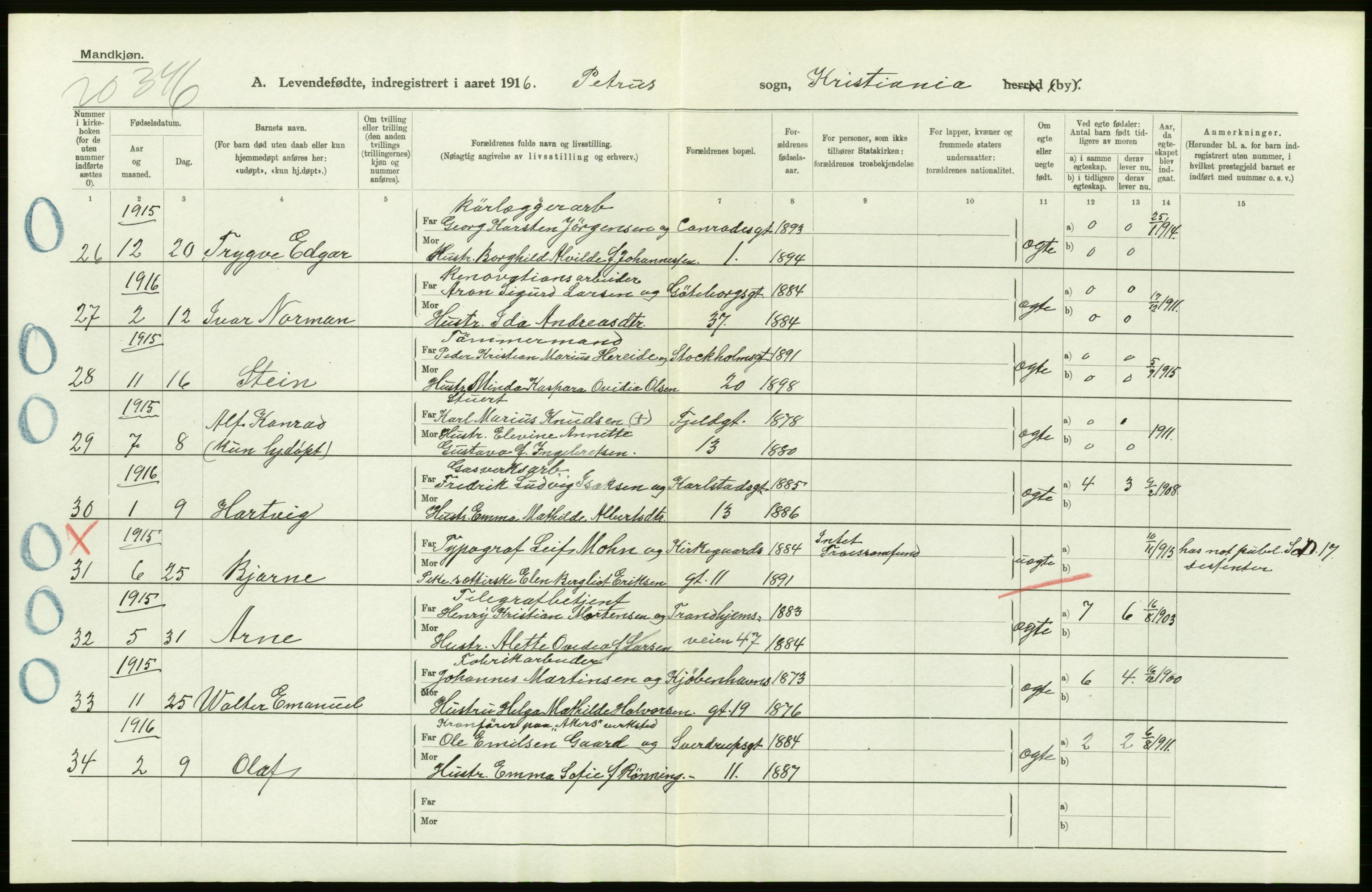 Statistisk sentralbyrå, Sosiodemografiske emner, Befolkning, AV/RA-S-2228/D/Df/Dfb/Dfbf/L0006: Kristiania: Levendefødte menn og kvinner., 1916, p. 554