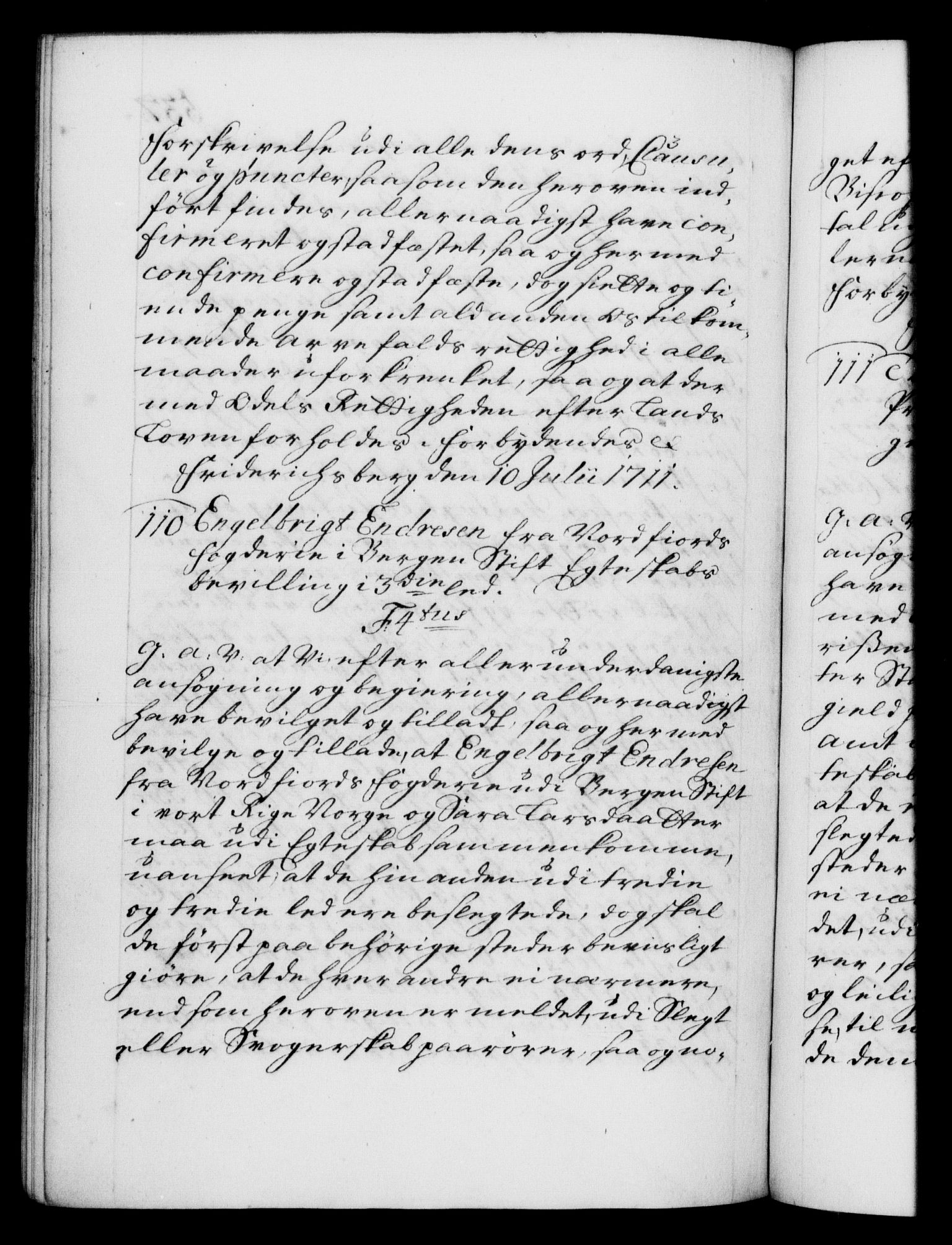 Danske Kanselli 1572-1799, AV/RA-EA-3023/F/Fc/Fca/Fcaa/L0020: Norske registre, 1708-1711, p. 537b