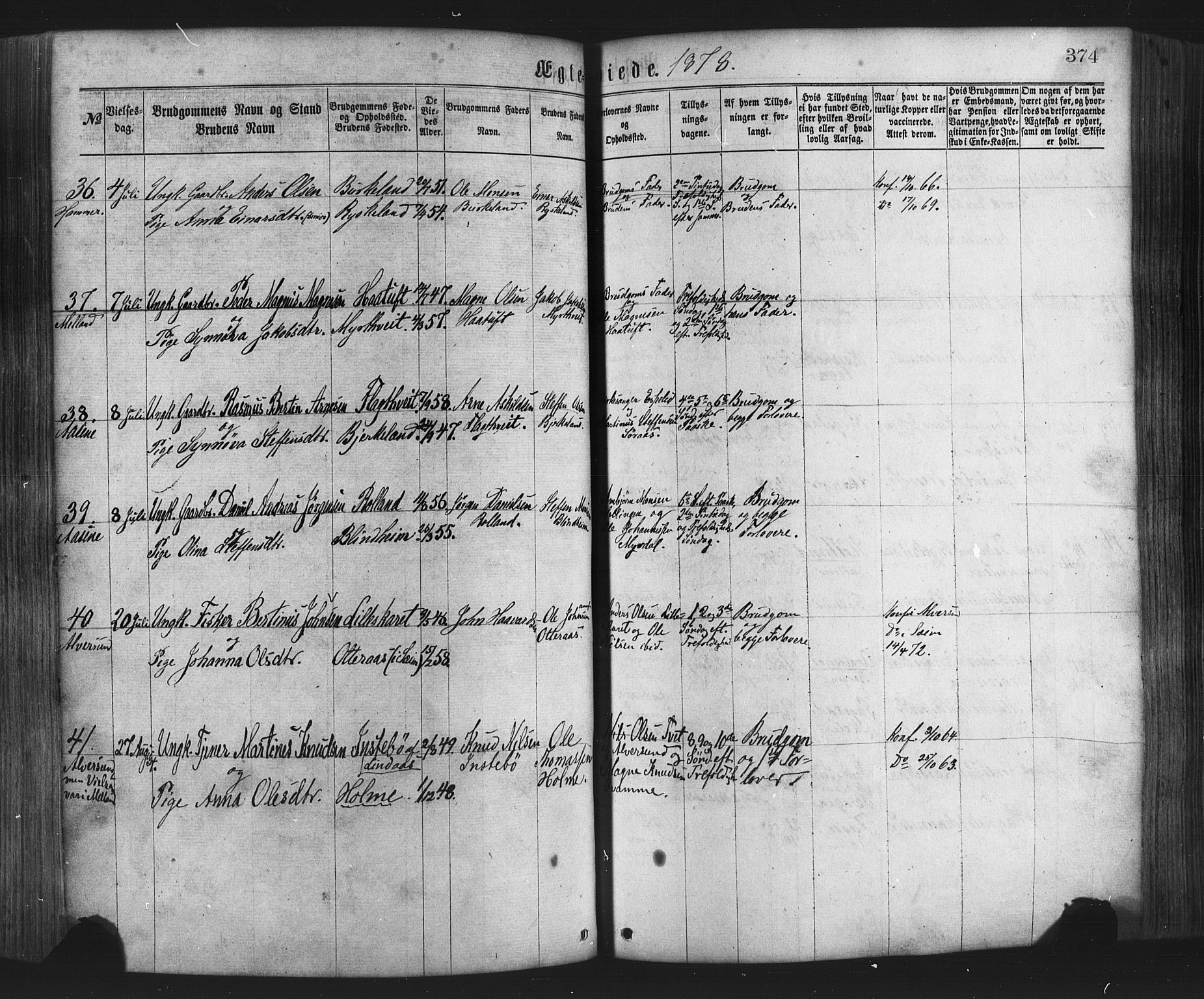 Hamre sokneprestembete, AV/SAB-A-75501/H/Ha/Haa/Haaa/L0015: Parish register (official) no. A 15, 1870-1881, p. 374