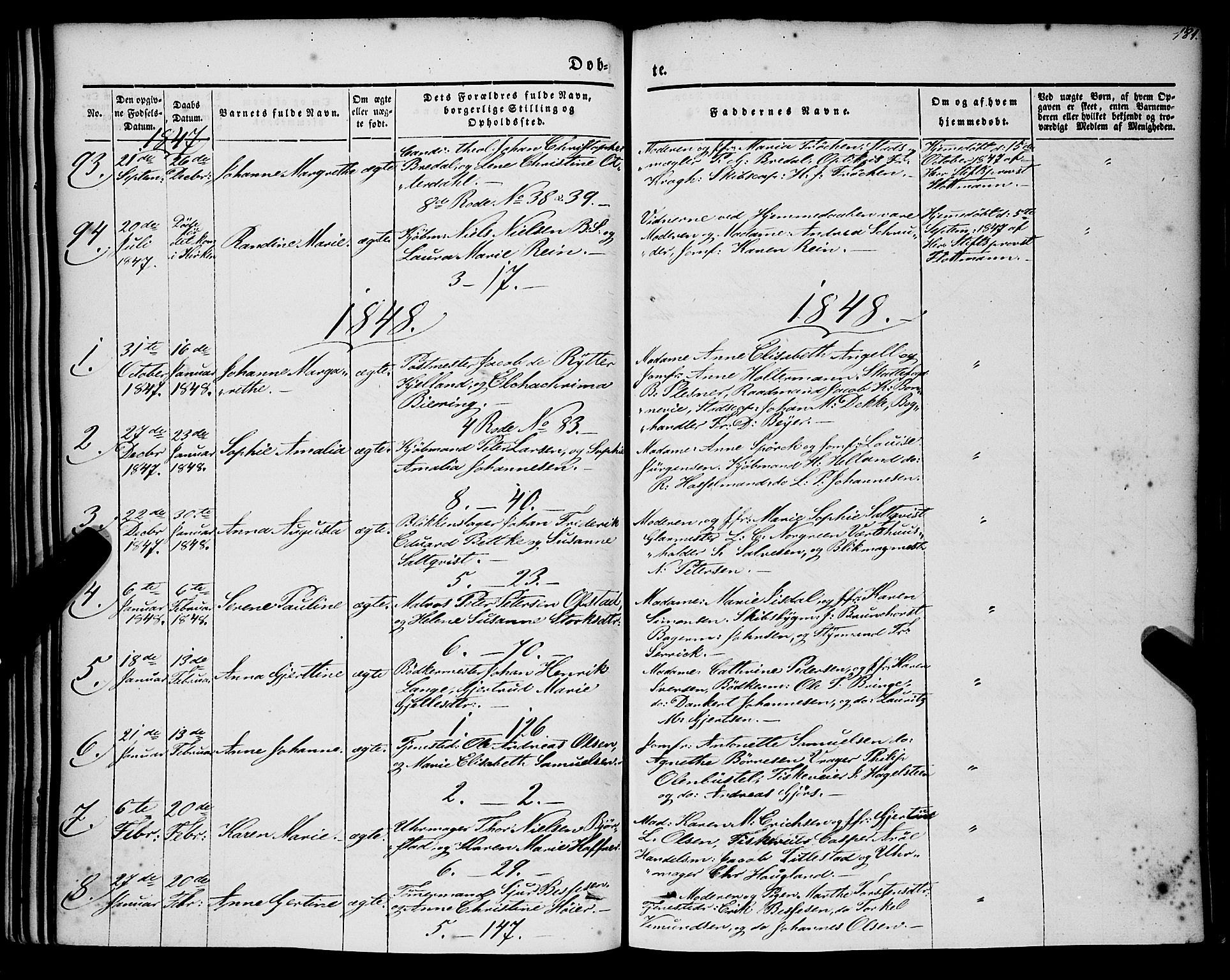 Nykirken Sokneprestembete, AV/SAB-A-77101/H/Haa/L0014: Parish register (official) no. B 1, 1844-1858, p. 181