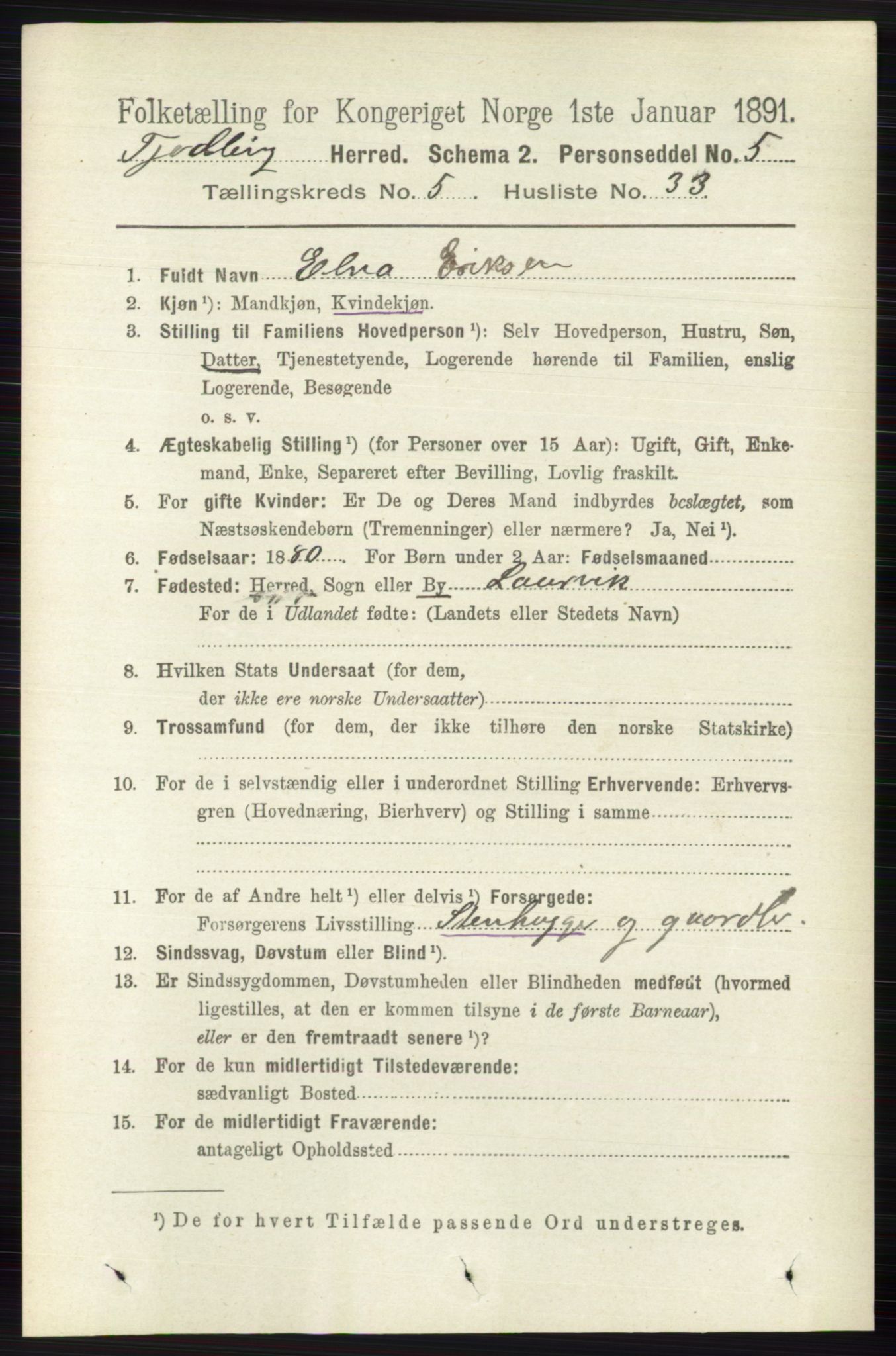RA, 1891 census for 0725 Tjølling, 1891, p. 2209