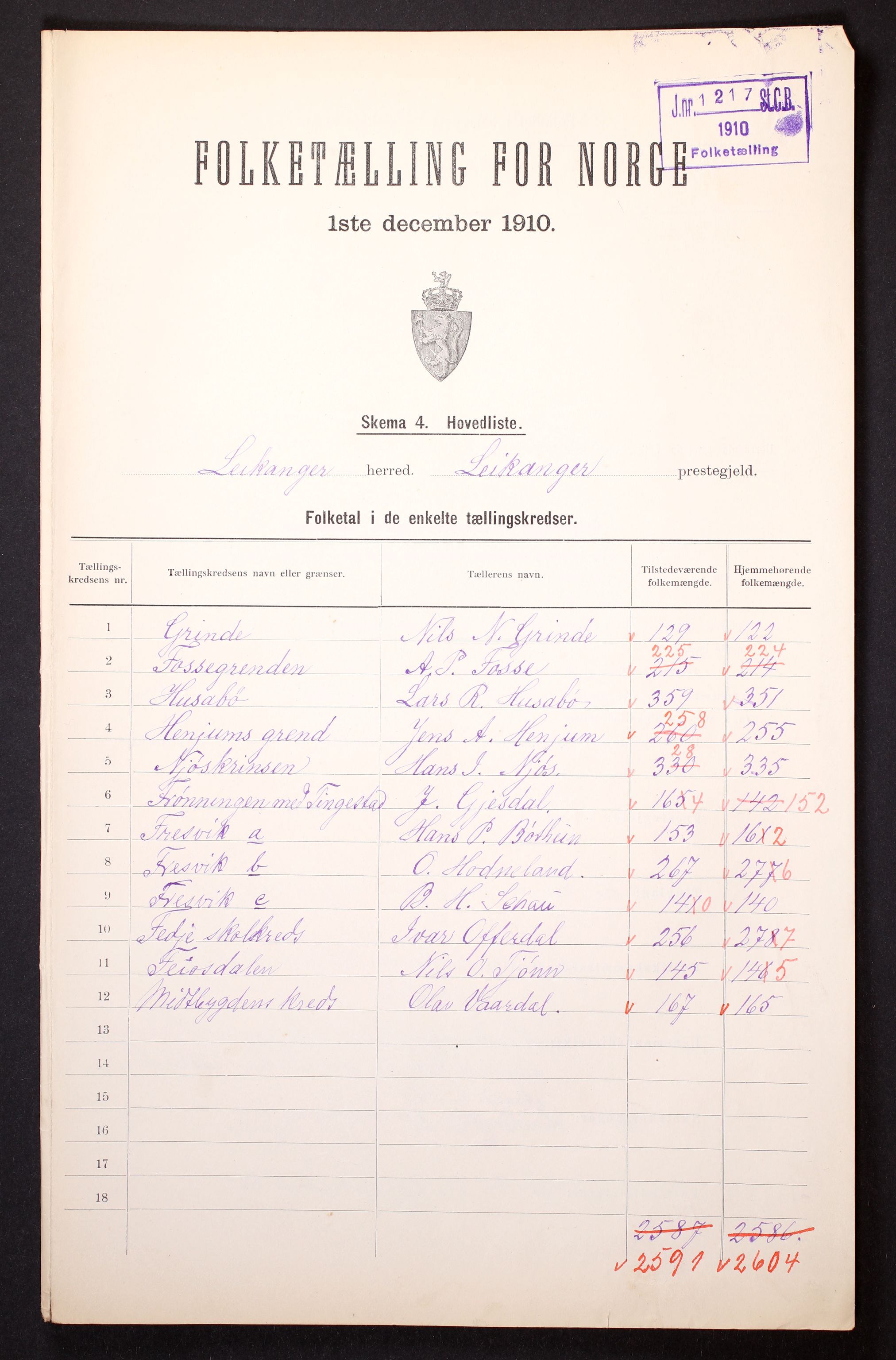 RA, 1910 census for Leikanger, 1910, p. 2