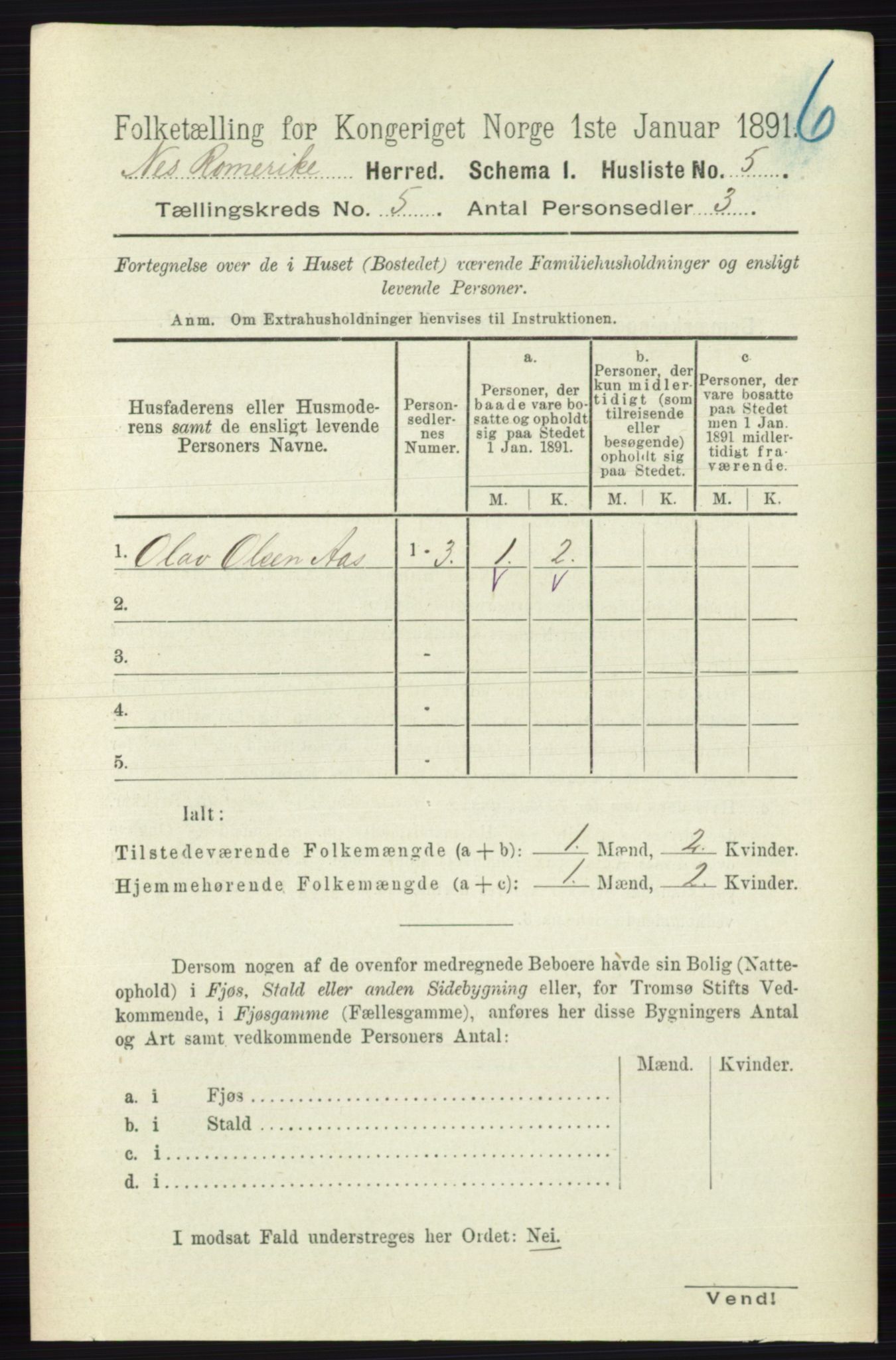 RA, 1891 census for 0236 Nes, 1891, p. 2706