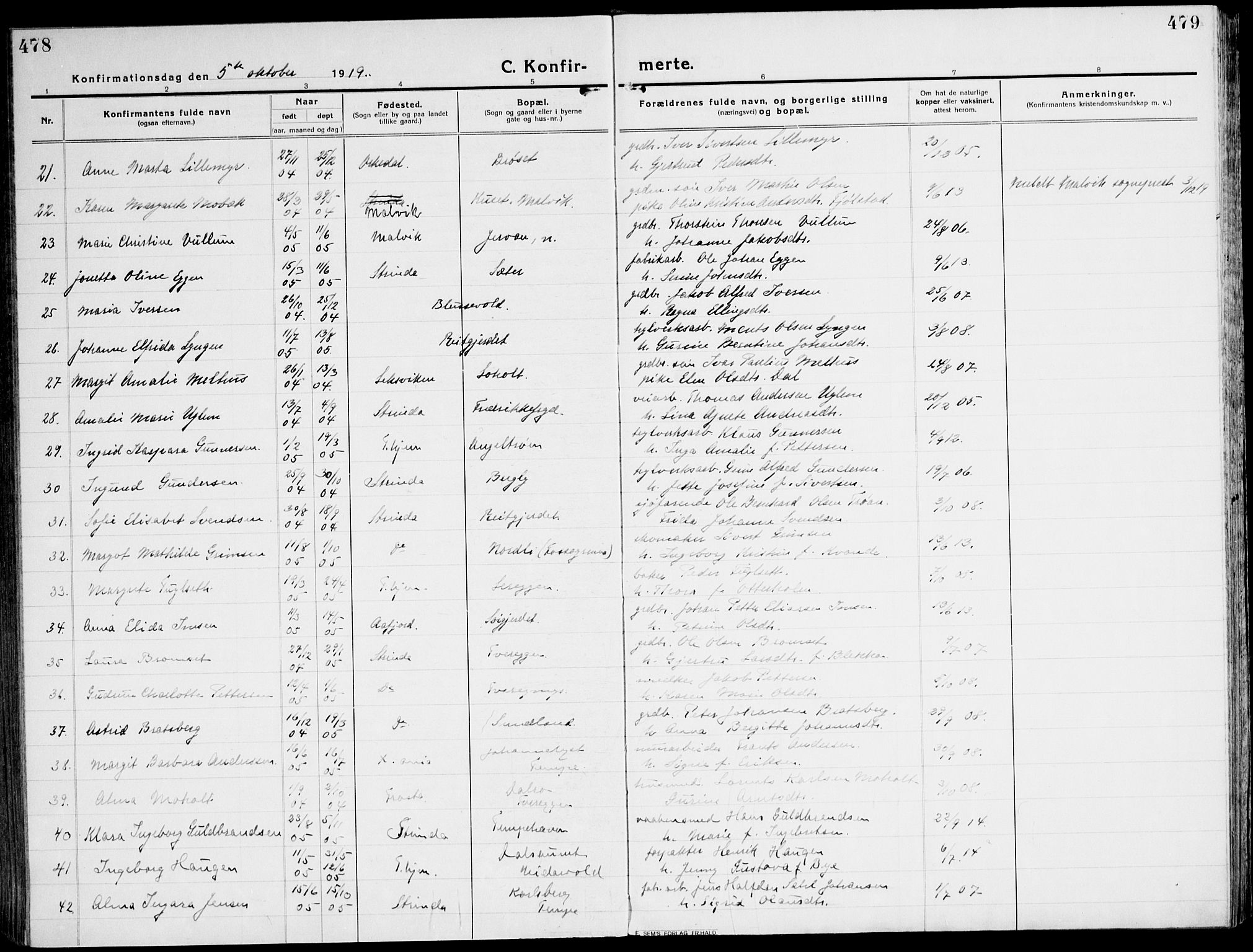 Ministerialprotokoller, klokkerbøker og fødselsregistre - Sør-Trøndelag, AV/SAT-A-1456/607/L0321: Parish register (official) no. 607A05, 1916-1935, p. 478-479