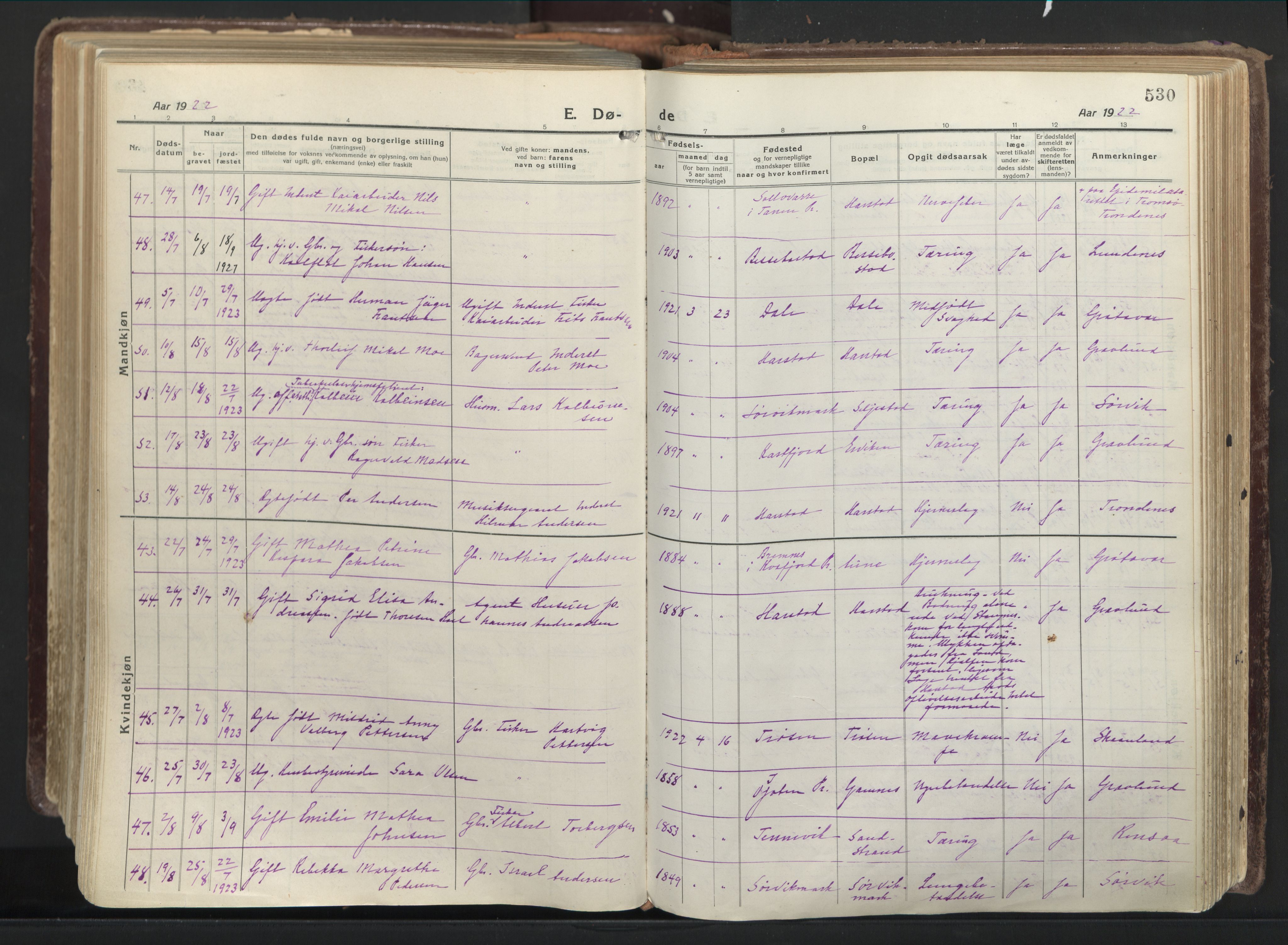 Trondenes sokneprestkontor, AV/SATØ-S-1319/H/Ha/L0019kirke: Parish register (official) no. 19, 1919-1928, p. 530