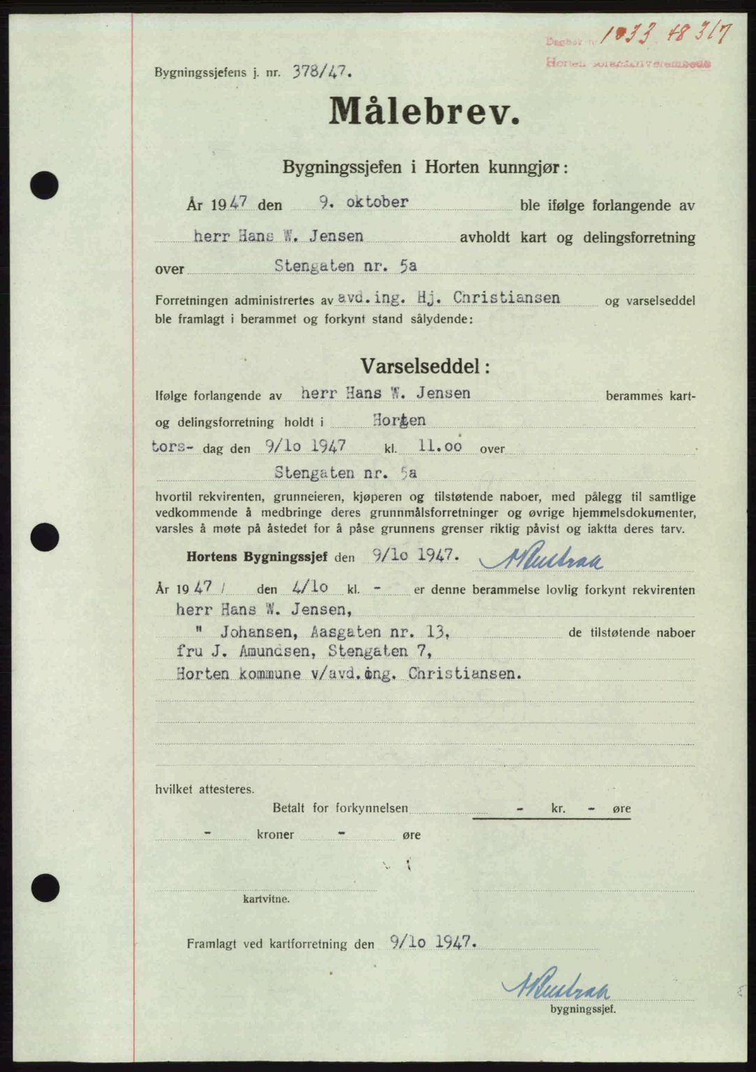 Horten sorenskriveri, AV/SAKO-A-133/G/Ga/Gaa/L0010: Mortgage book no. A-10, 1947-1948, Diary no: : 1033/1948