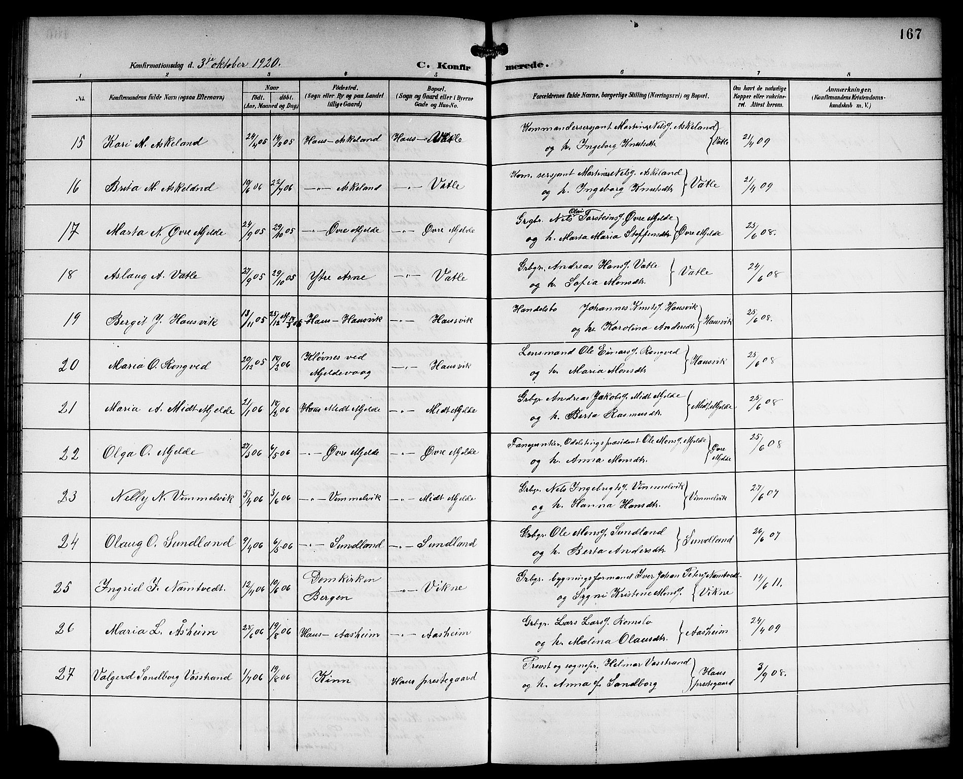 Haus sokneprestembete, SAB/A-75601/H/Hab: Parish register (copy) no. B 4, 1900-1921, p. 167