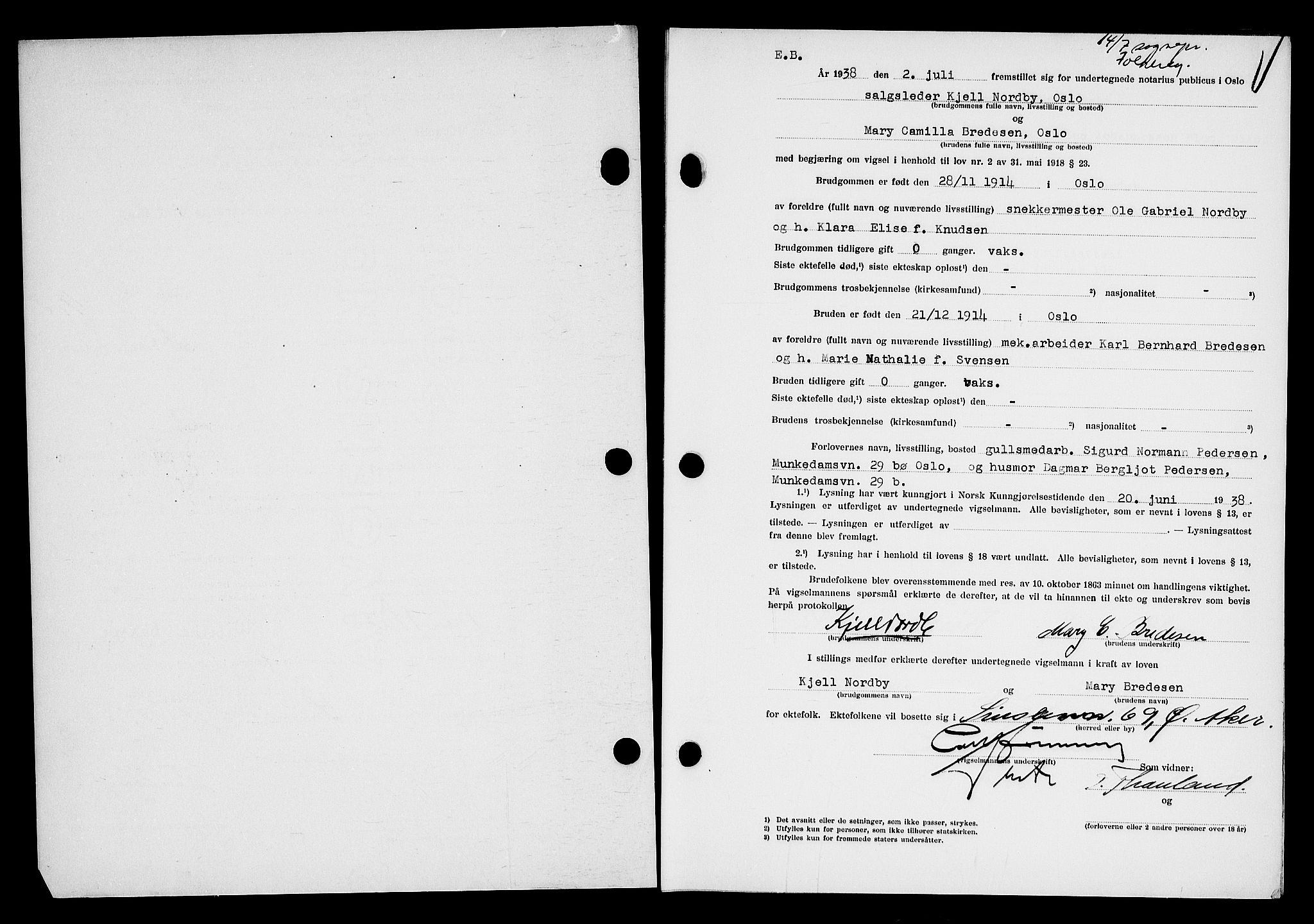 Oslo byfogd avd. I, AV/SAO-A-10220/L/Lb/Lbb/L0030: Notarialprotokoll, rekke II: Vigsler, 1938