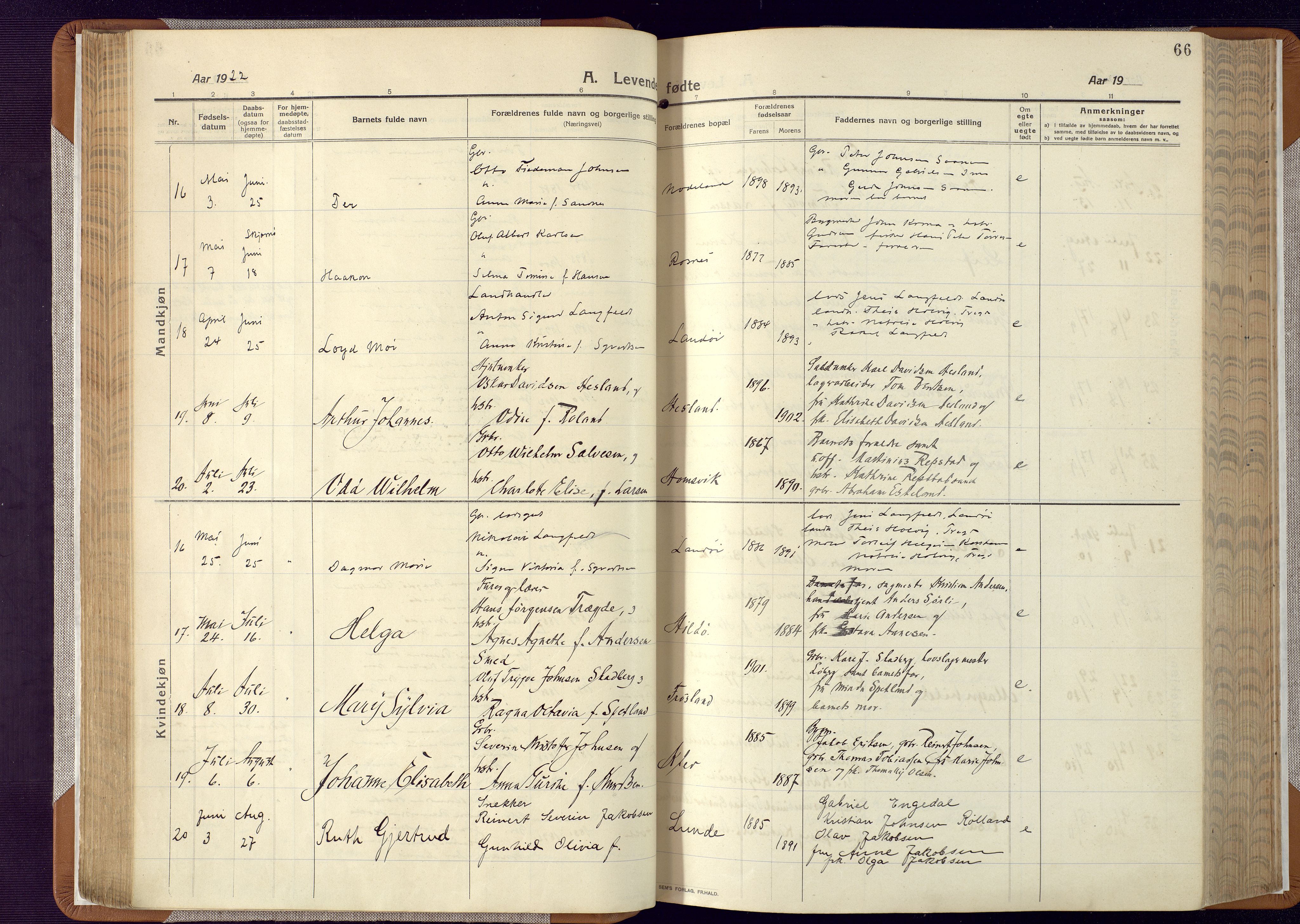 Mandal sokneprestkontor, AV/SAK-1111-0030/F/Fa/Faa/L0022: Parish register (official) no. A 22, 1913-1925, p. 66