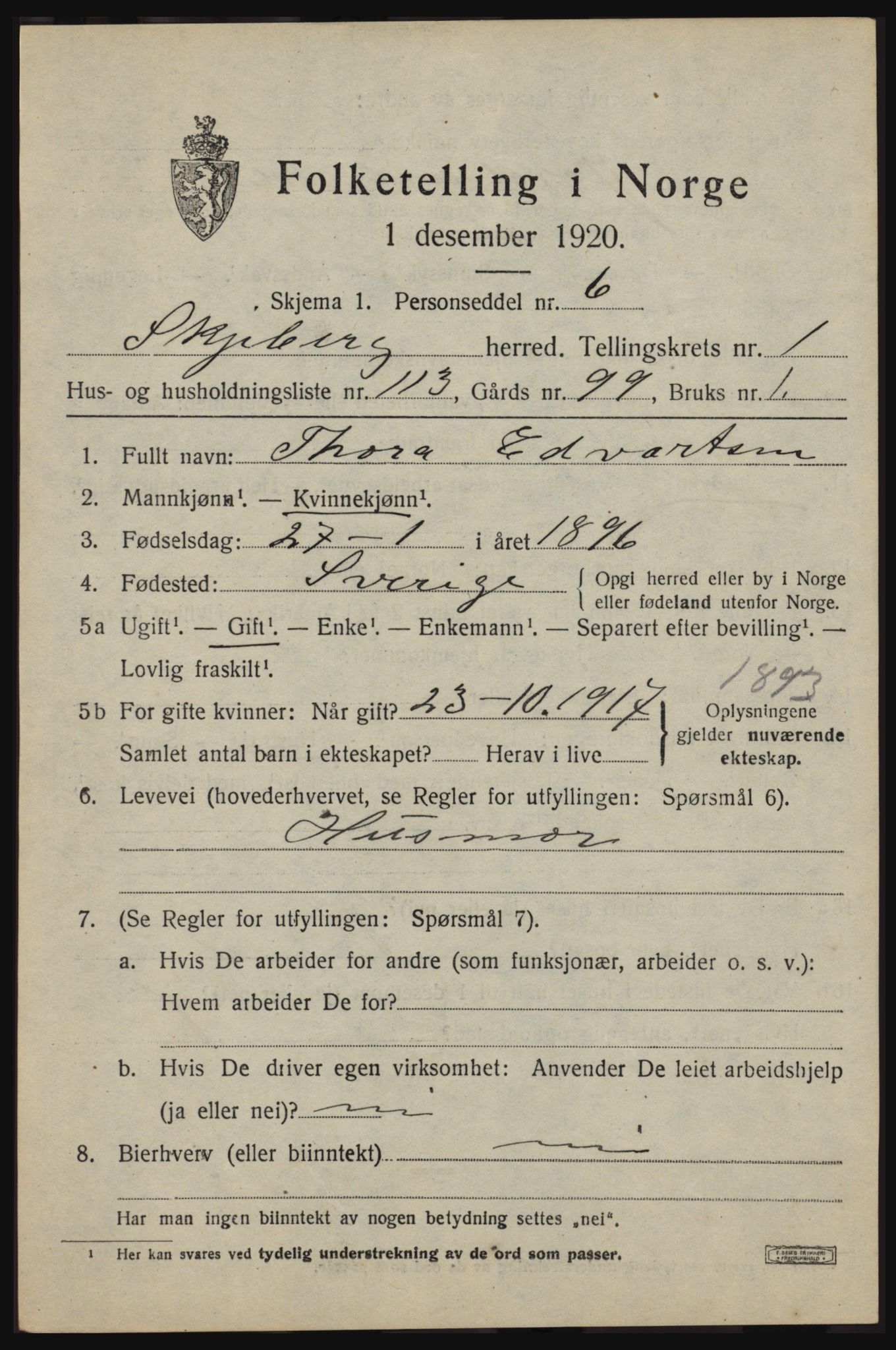 SAO, 1920 census for Skjeberg, 1920, p. 3499