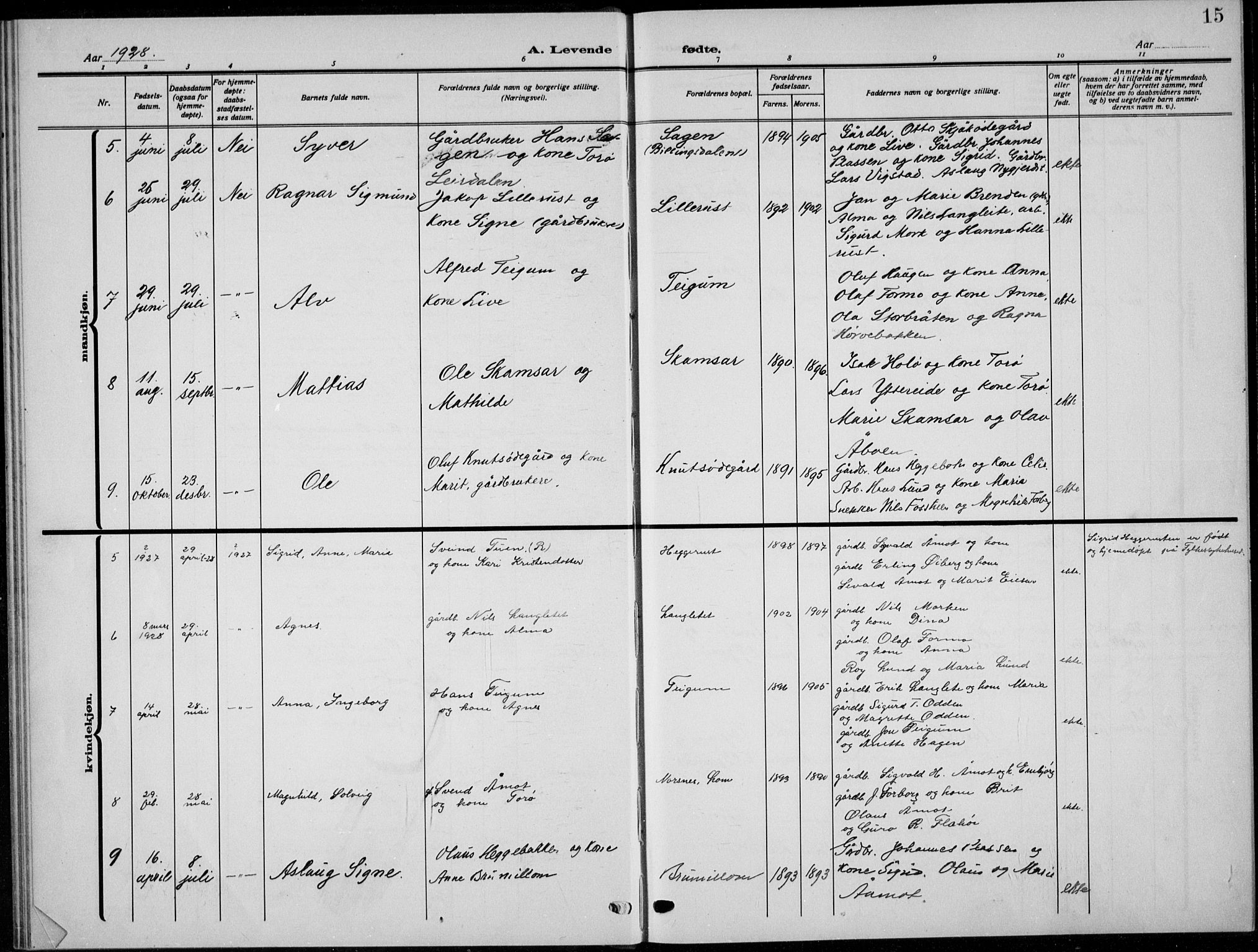 Skjåk prestekontor, SAH/PREST-072/H/Ha/Hab/L0005: Parish register (copy) no. 5, 1922-1936, p. 15