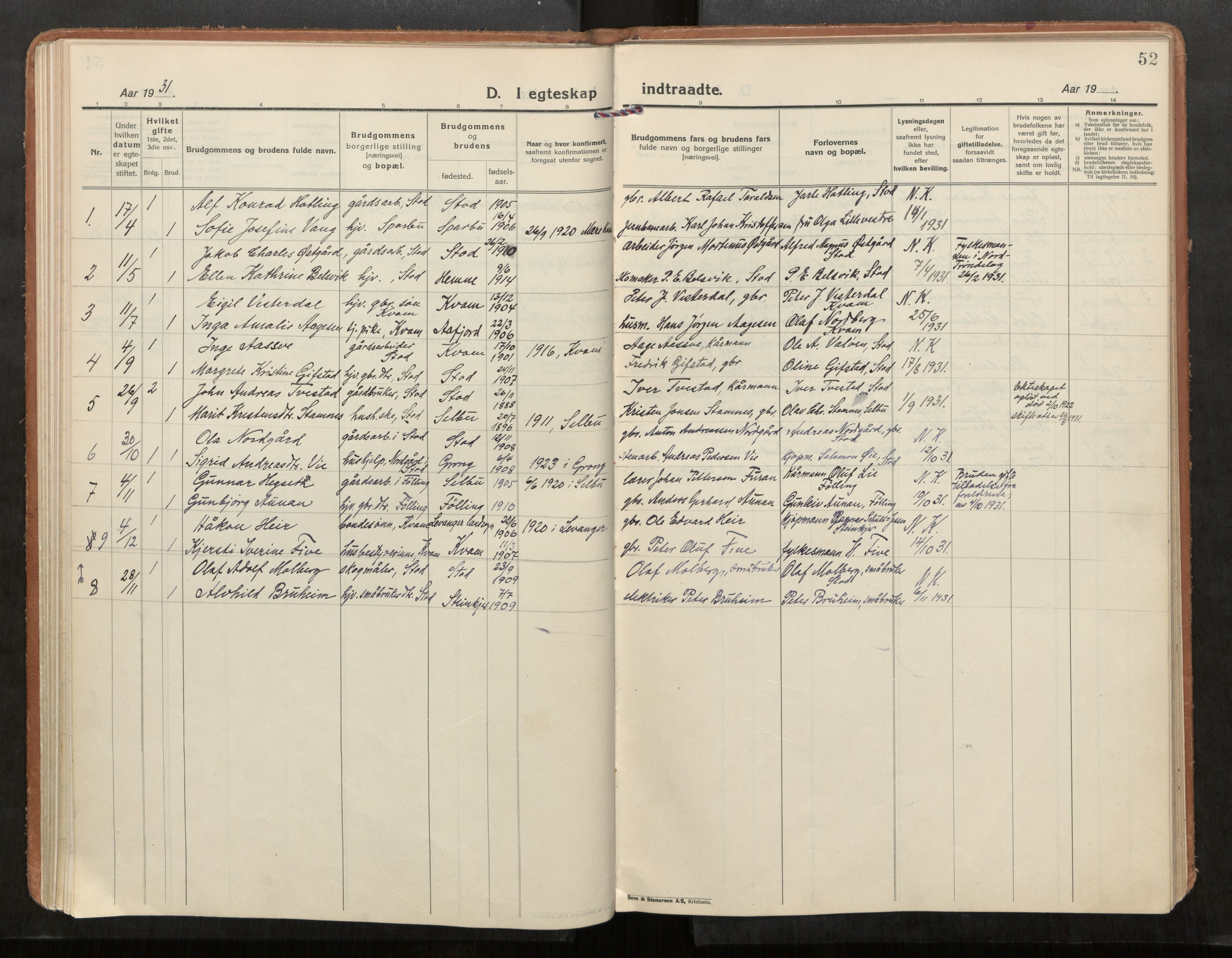 Stod sokneprestkontor, AV/SAT-A-1164/1/I/I1/I1a/L0005: Parish register (official) no. 5, 1923-1932, p. 52