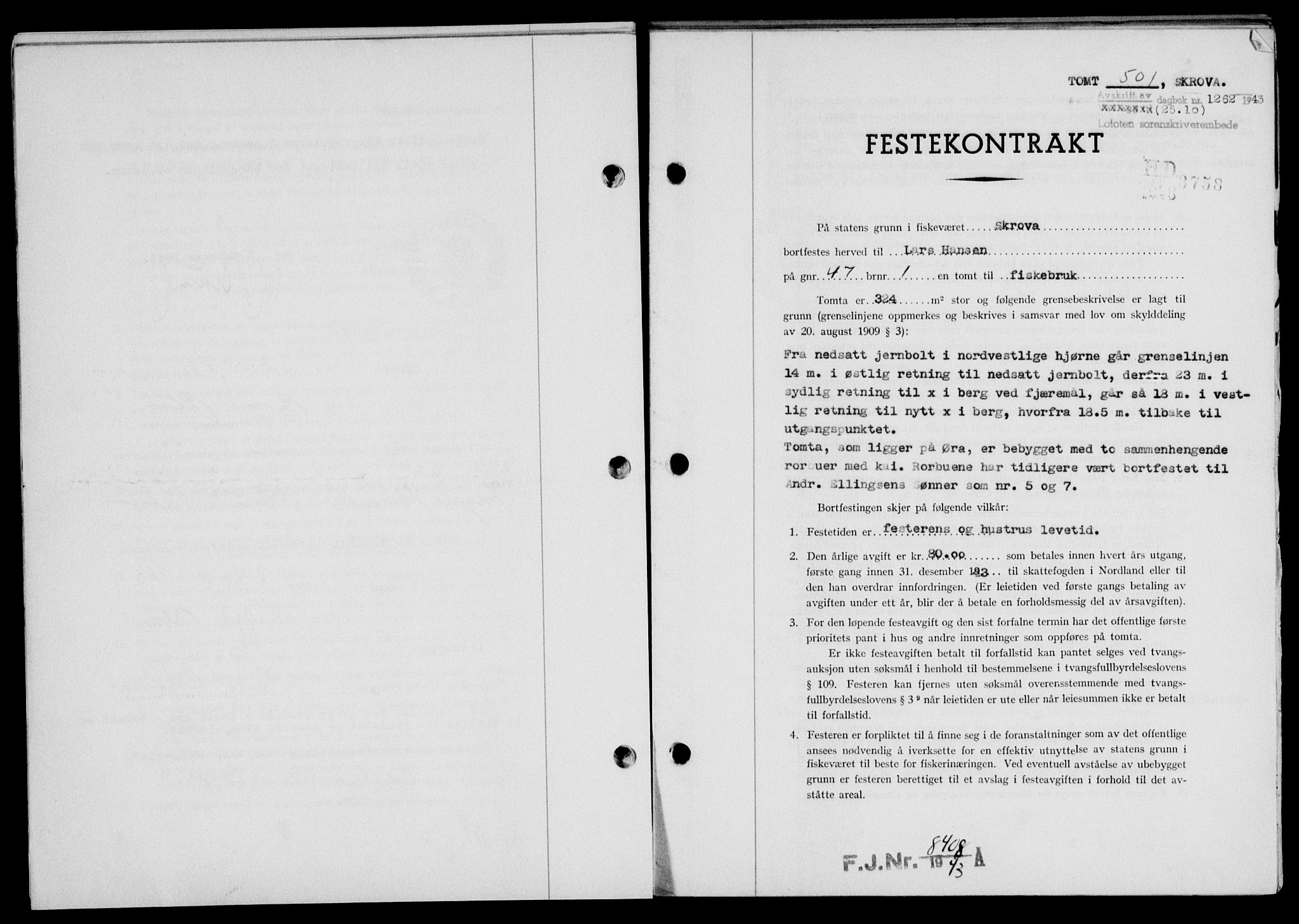 Lofoten sorenskriveri, AV/SAT-A-0017/1/2/2C/L0011a: Mortgage book no. 11a, 1943-1943, Diary no: : 1262/1943