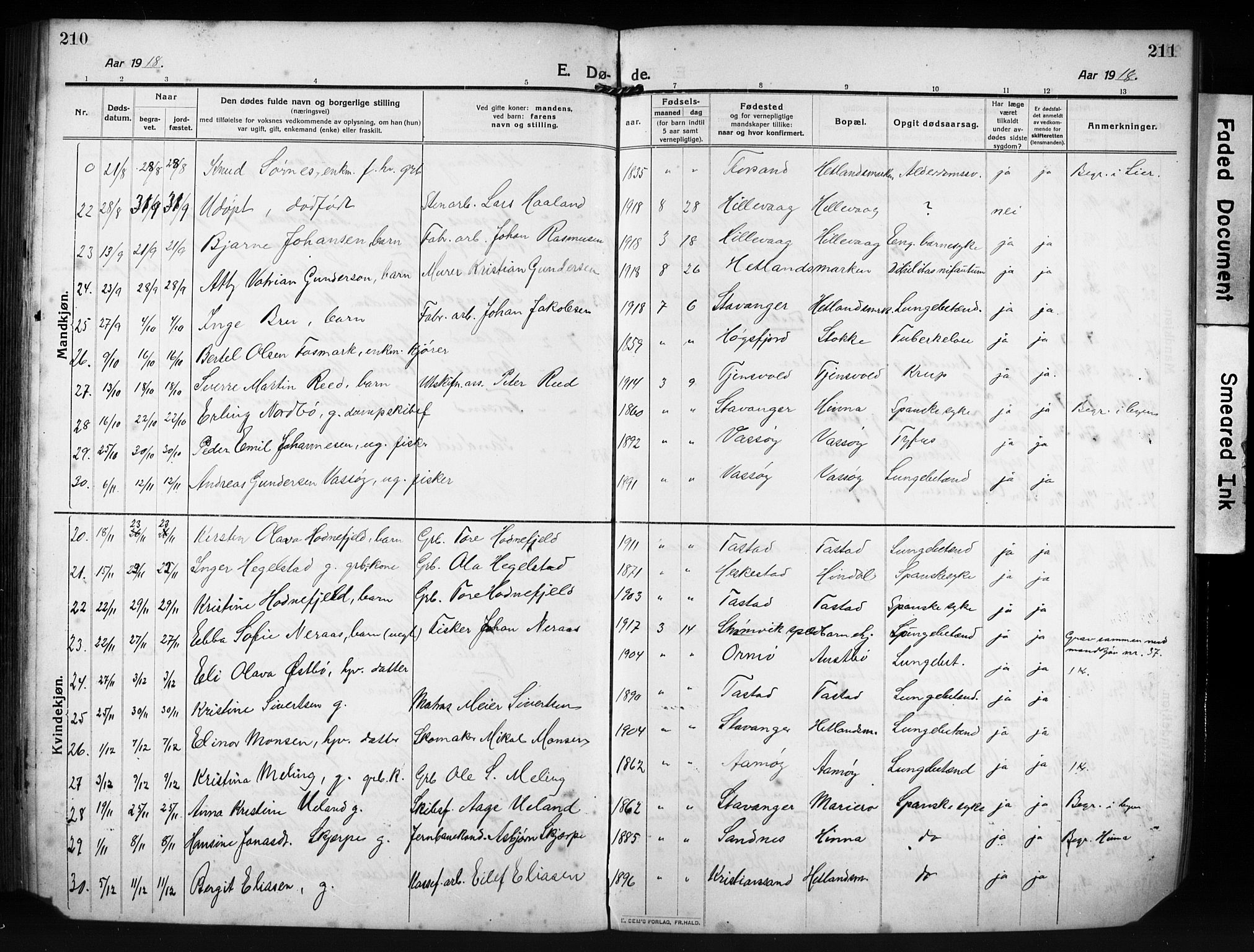 Hetland sokneprestkontor, SAST/A-101826/30/30BB/L0009: Parish register (copy) no. B 9, 1910-1931, p. 210-211