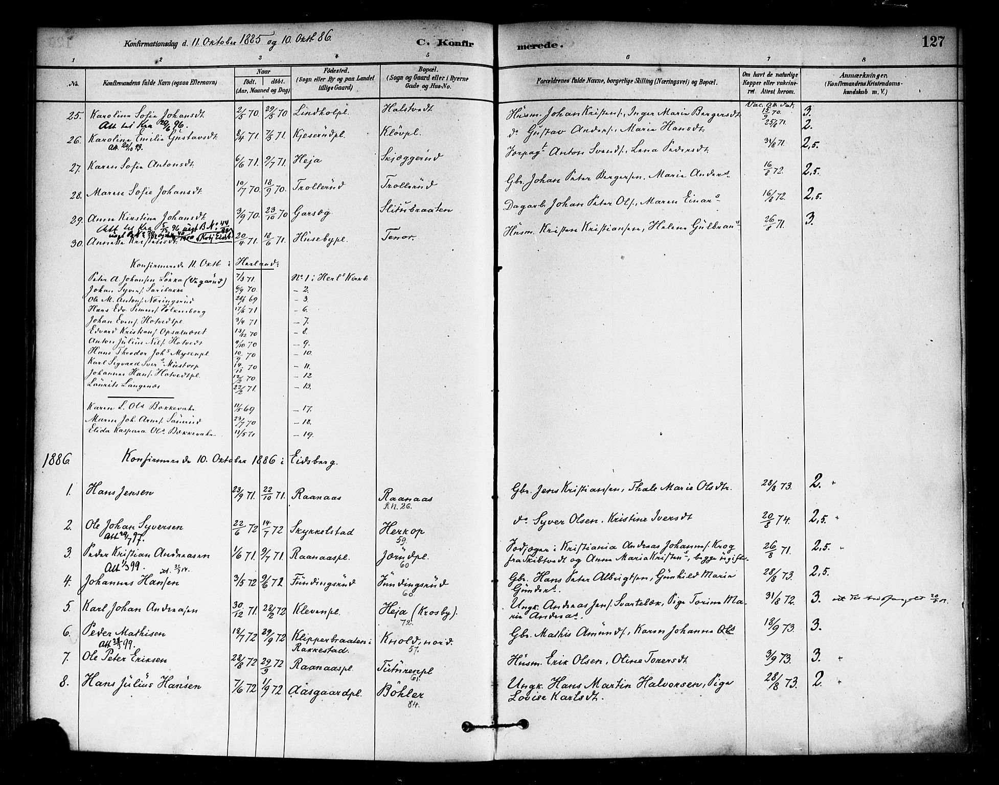 Eidsberg prestekontor Kirkebøker, SAO/A-10905/F/Fa/L0012: Parish register (official) no. I 12, 1879-1901, p. 127