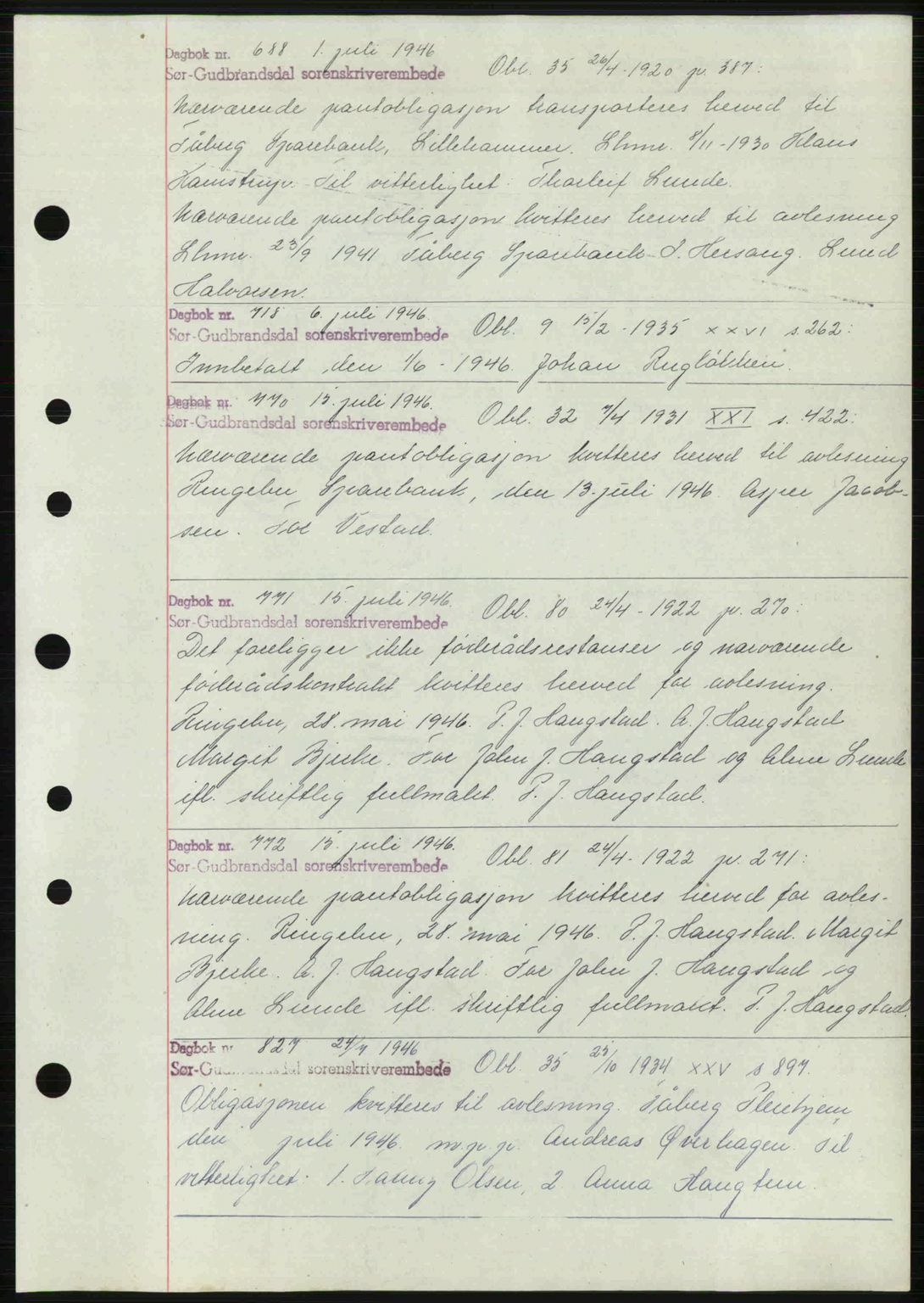 Sør-Gudbrandsdal tingrett, SAH/TING-004/H/Hb/Hbf/L0002: Mortgage book no. C1, 1938-1951, Diary no: : 611/1946