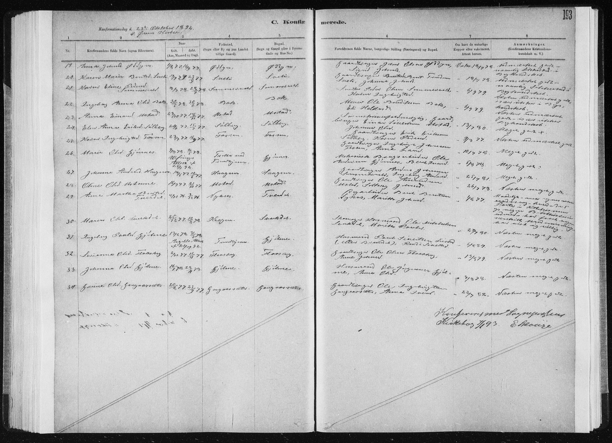Ministerialprotokoller, klokkerbøker og fødselsregistre - Sør-Trøndelag, SAT/A-1456/668/L0818: Parish register (copy) no. 668C07, 1885-1898, p. 193