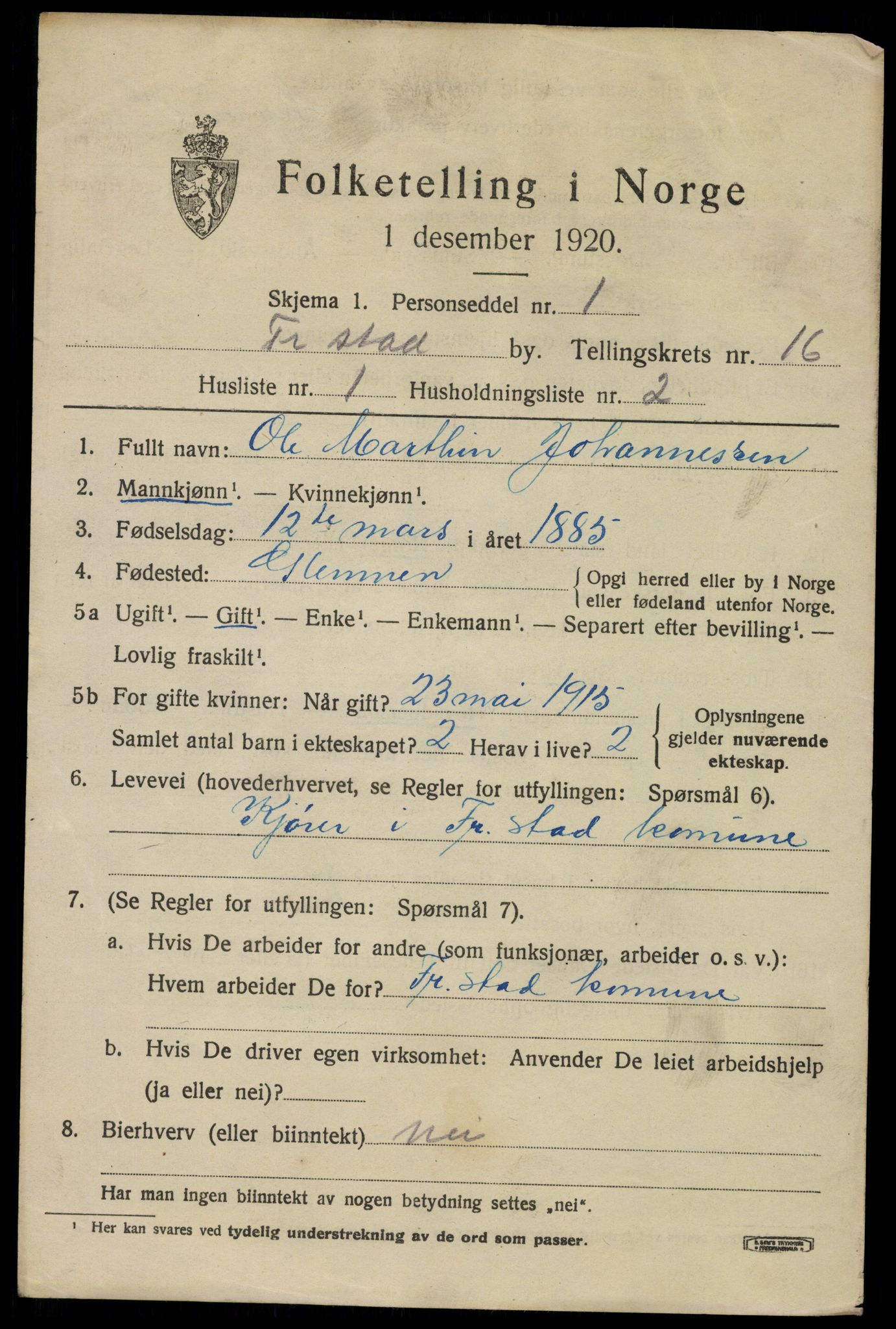 SAO, 1920 census for Fredrikstad, 1920, p. 37055