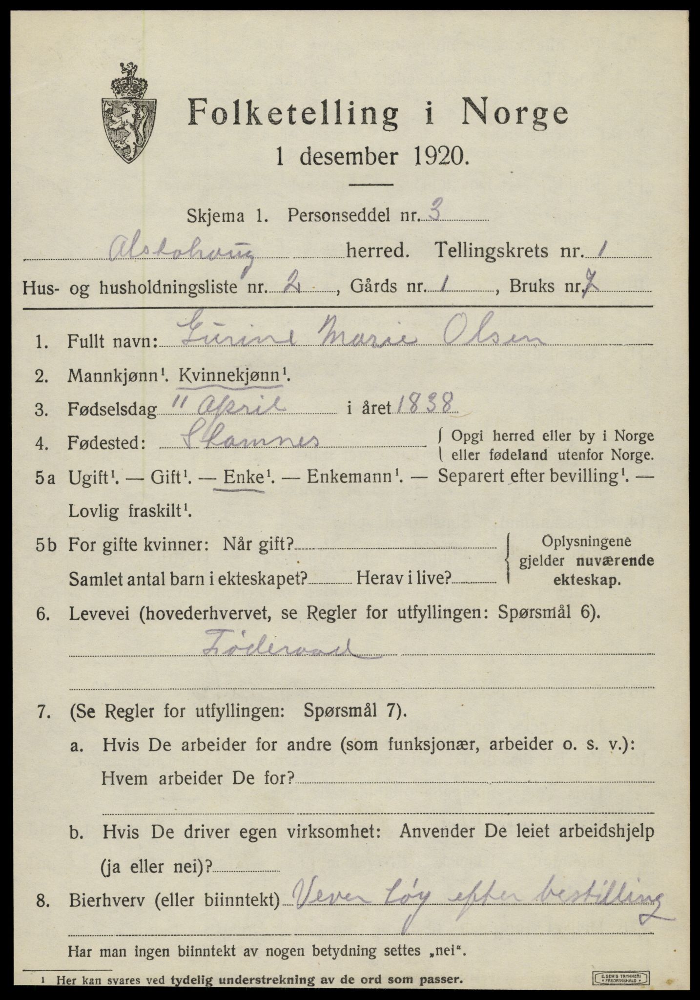 SAT, 1920 census for Alstahaug, 1920, p. 595