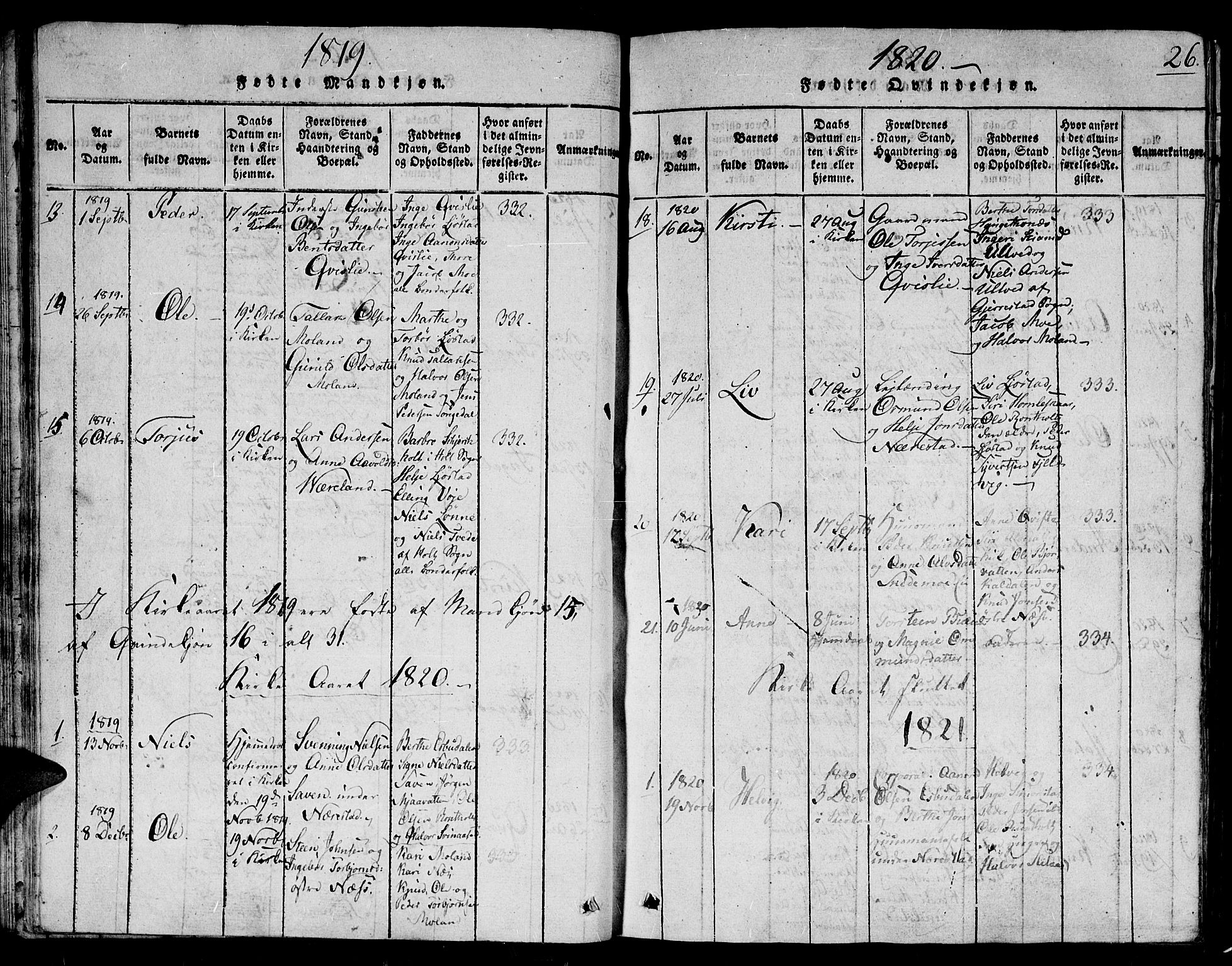 Gjerstad sokneprestkontor, SAK/1111-0014/F/Fb/Fbb/L0001: Parish register (copy) no. B 1, 1813-1863, p. 26