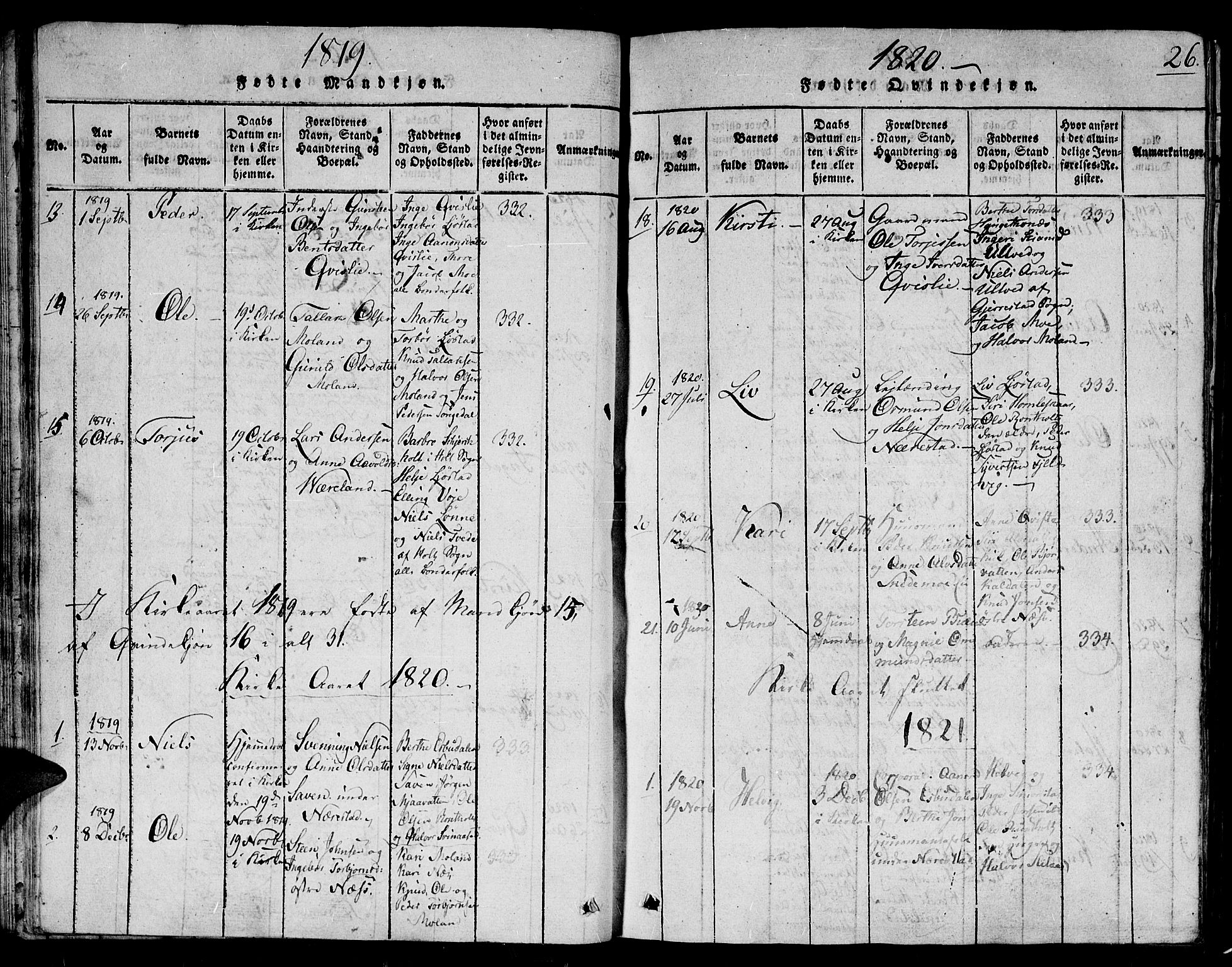 Gjerstad sokneprestkontor, AV/SAK-1111-0014/F/Fb/Fbb/L0001: Parish register (copy) no. B 1, 1813-1863, p. 26