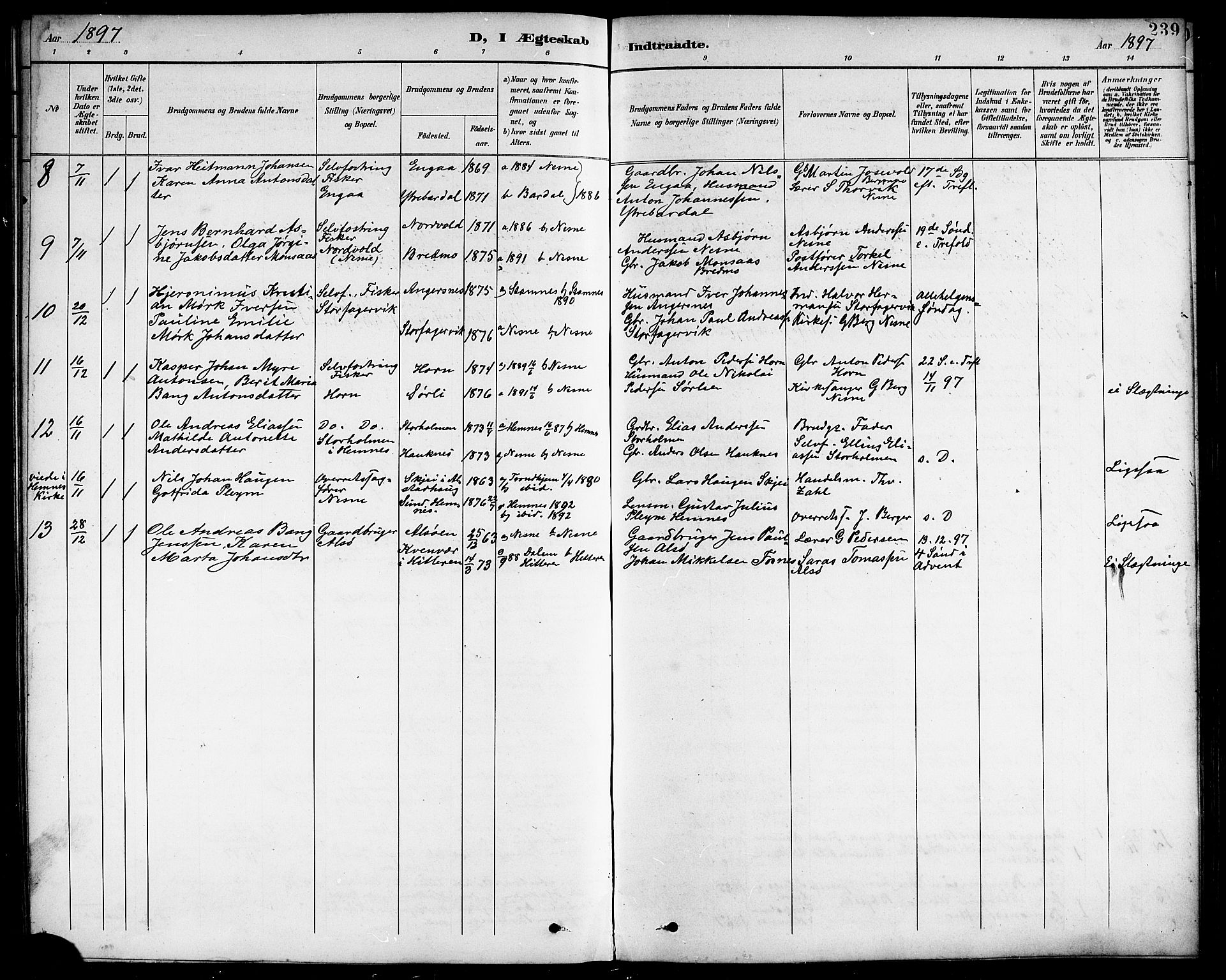 Ministerialprotokoller, klokkerbøker og fødselsregistre - Nordland, SAT/A-1459/838/L0559: Parish register (copy) no. 838C06, 1893-1910, p. 239