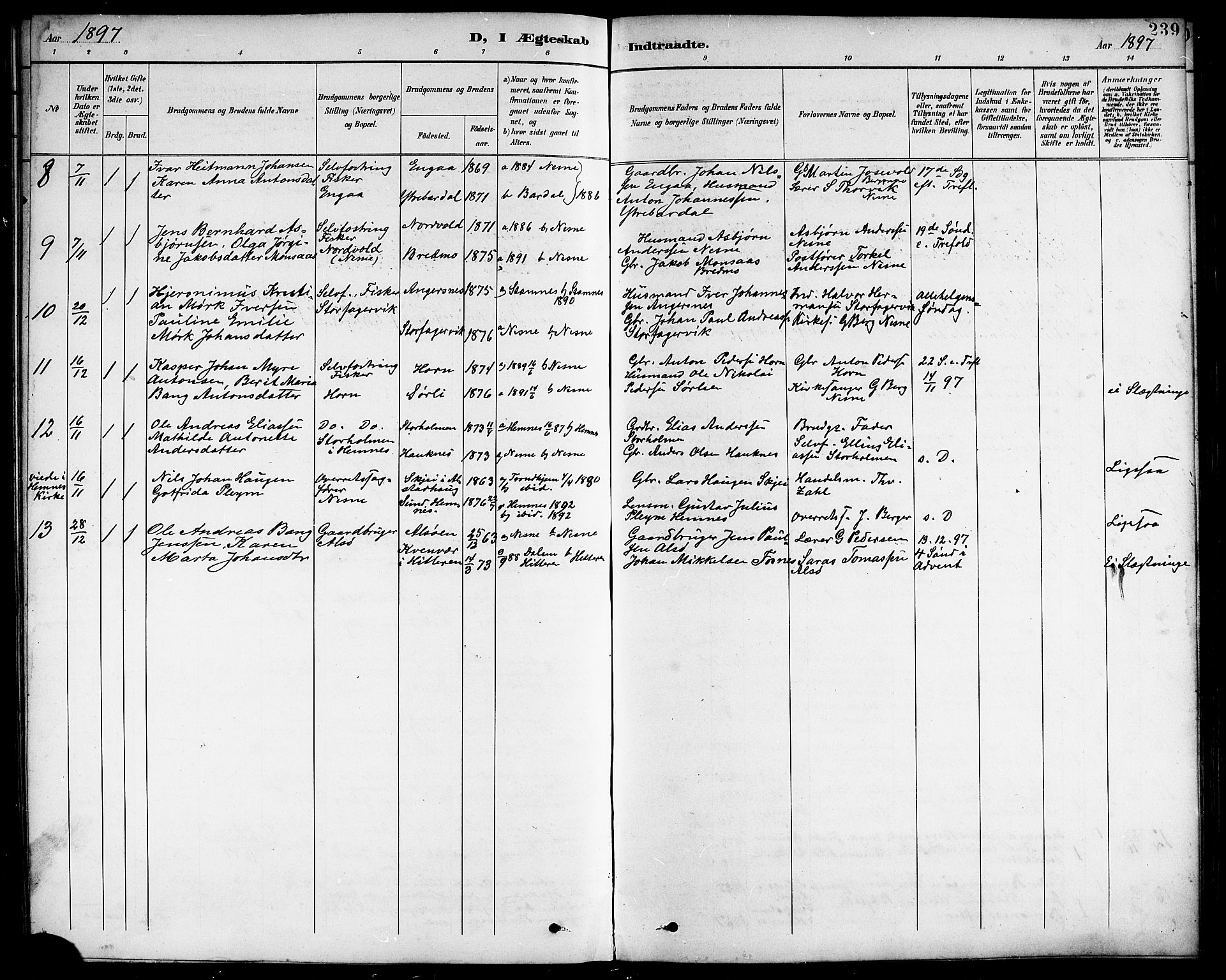 Ministerialprotokoller, klokkerbøker og fødselsregistre - Nordland, AV/SAT-A-1459/838/L0559: Parish register (copy) no. 838C06, 1893-1910, p. 239