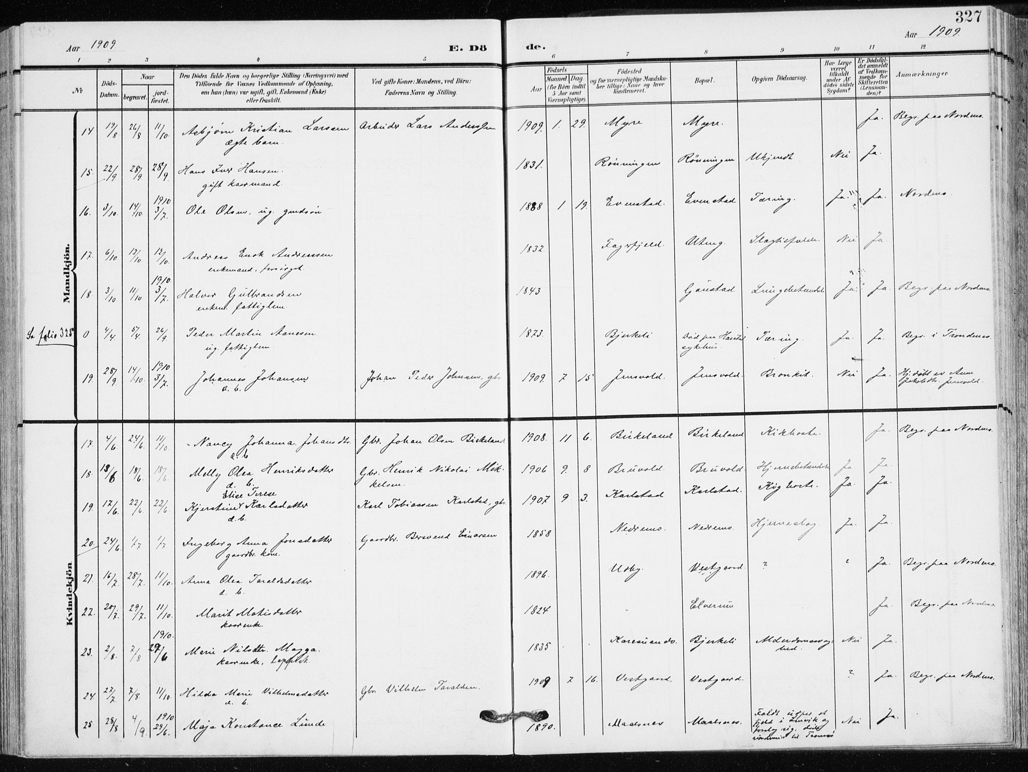 Målselv sokneprestembete, SATØ/S-1311/G/Ga/Gaa/L0011kirke: Parish register (official) no. 11, 1904-1918, p. 327