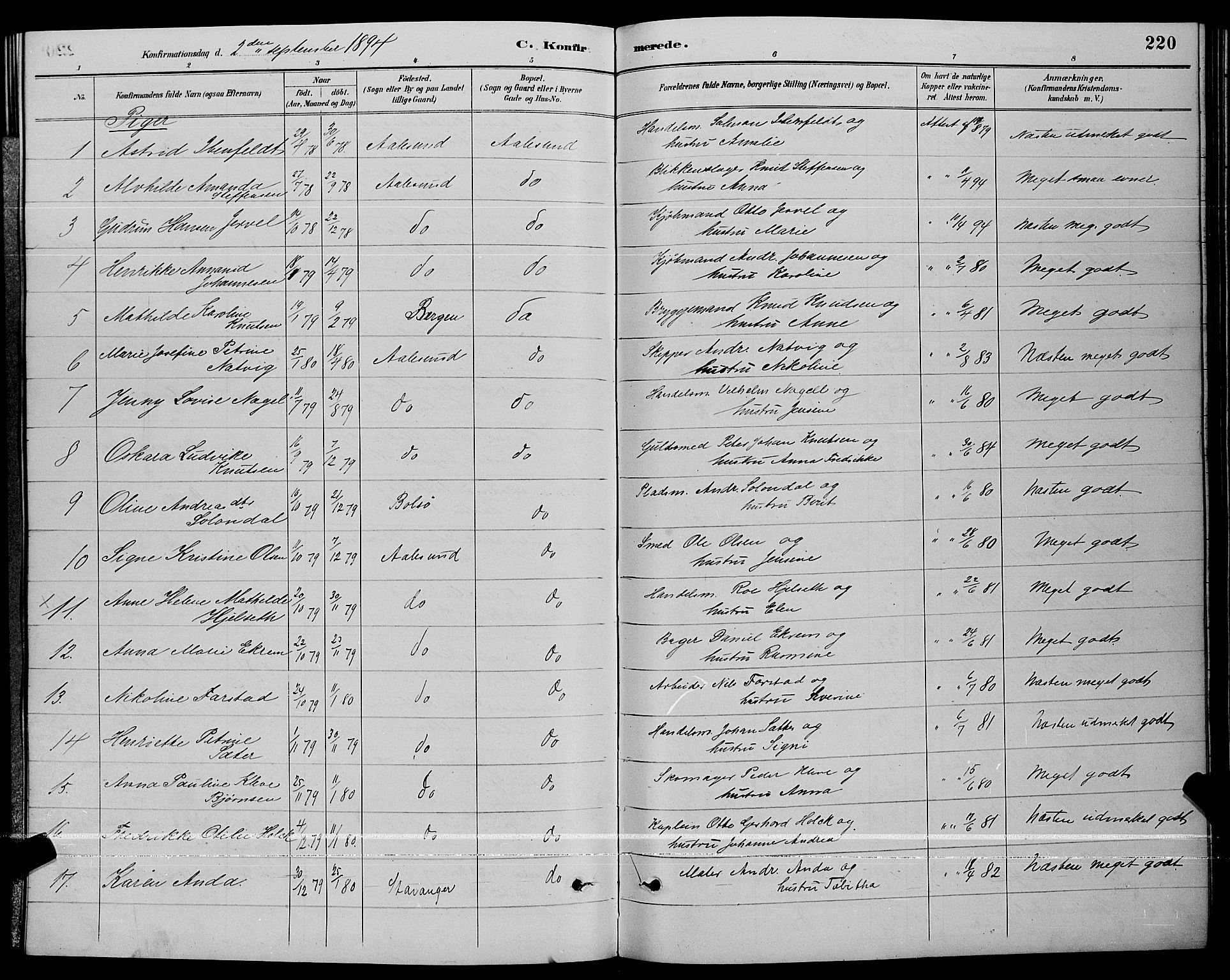 Ministerialprotokoller, klokkerbøker og fødselsregistre - Møre og Romsdal, AV/SAT-A-1454/529/L0467: Parish register (copy) no. 529C04, 1889-1897, p. 220